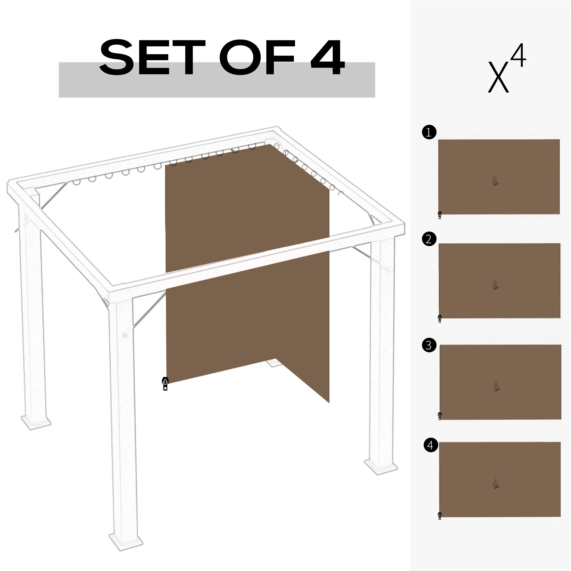 10' x 10' Gazebo Sidewall Set with Hooks/C-Rings, Brown - Image 6