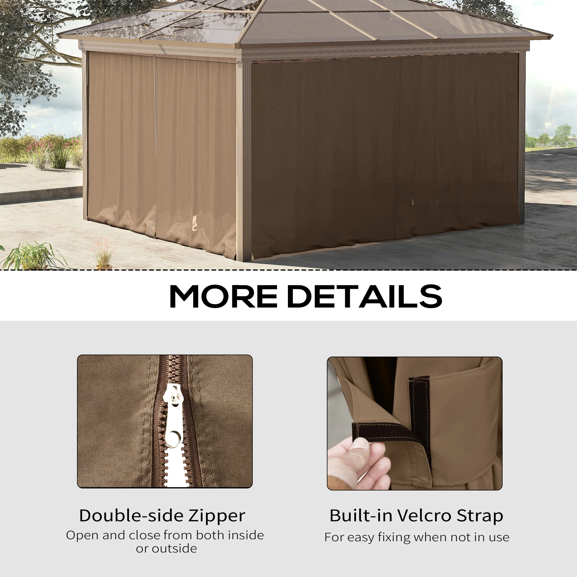 10' x 10' Gazebo Sidewall Set with Hooks/C-Rings, Brown - Image 7