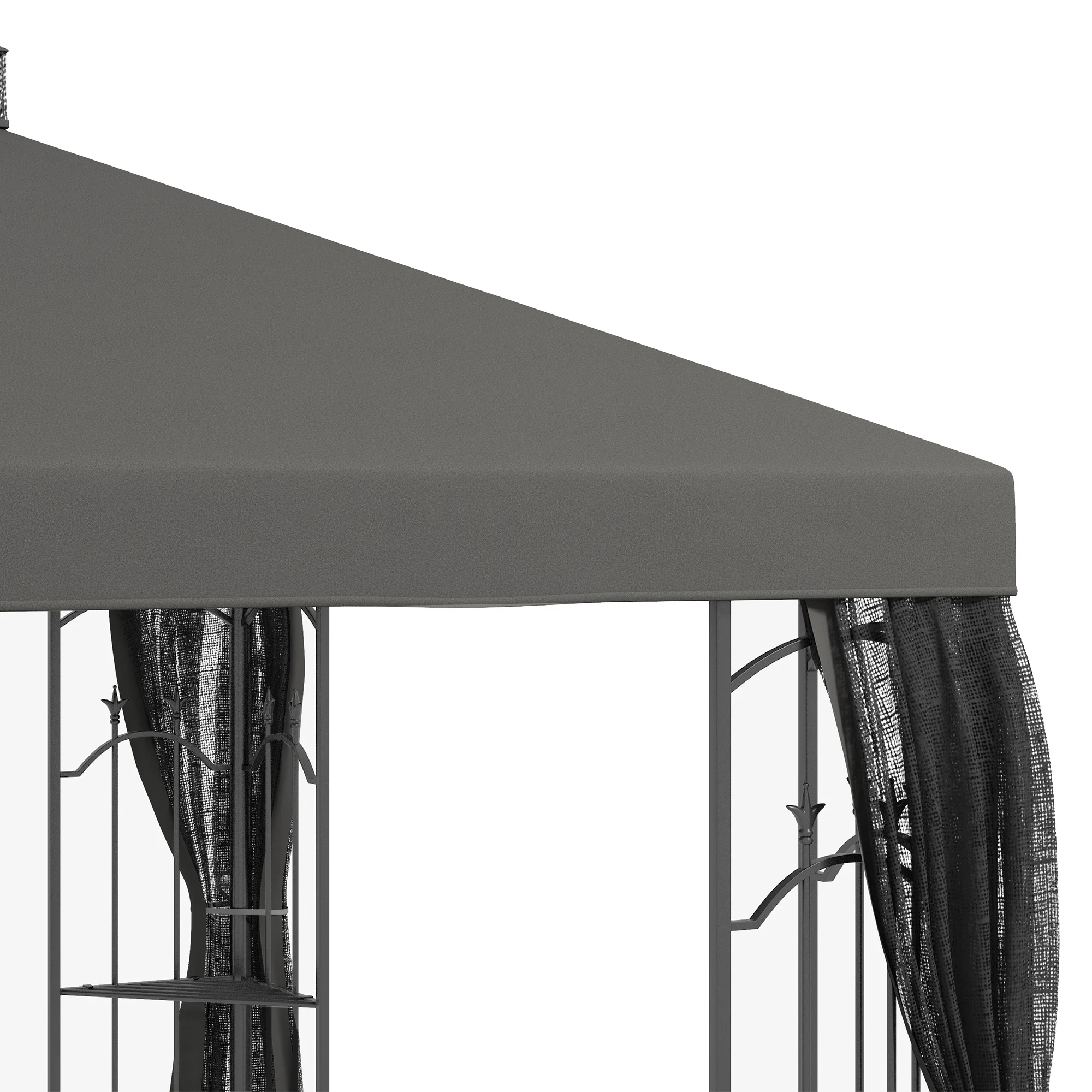 10' x 12' Patio Gazebo with Corner Shelves, Double Roof & Netting, Gray - Image 11