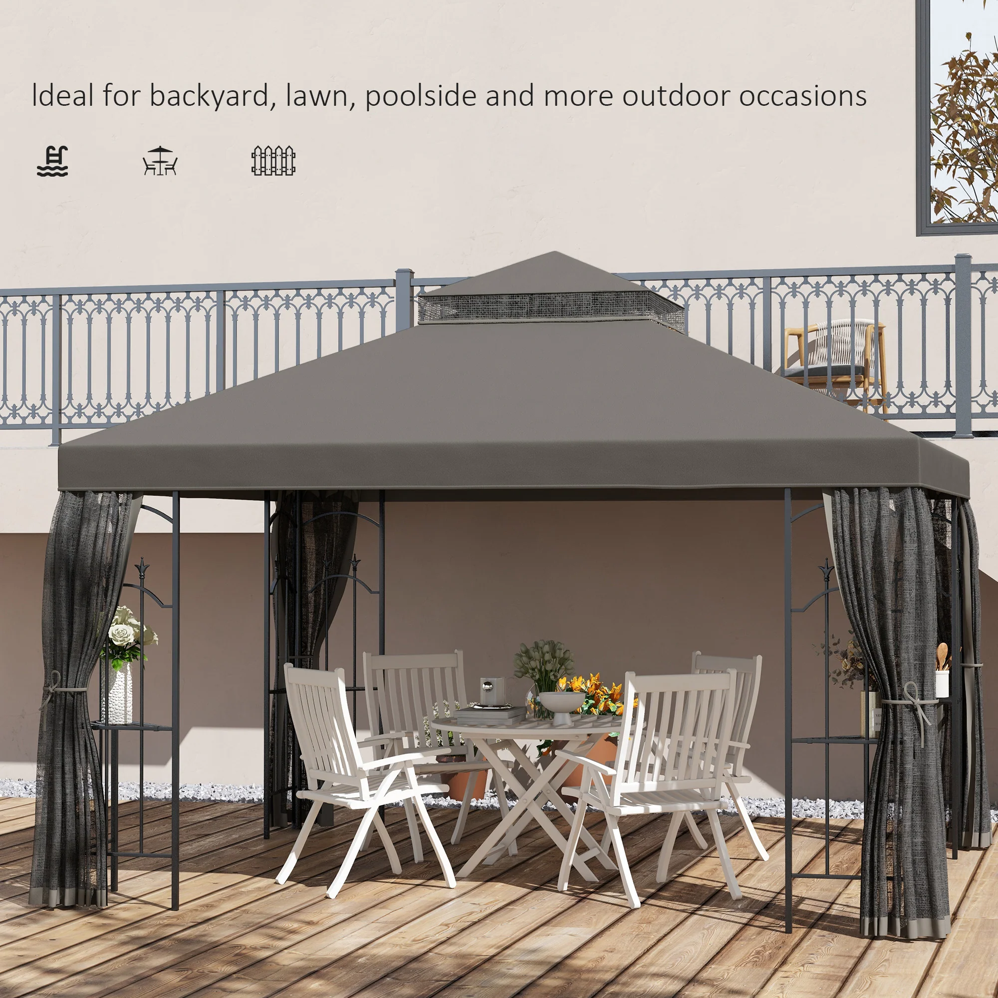 10' x 12' Patio Gazebo with Corner Shelves, Double Roof & Netting, Gray - Image 9