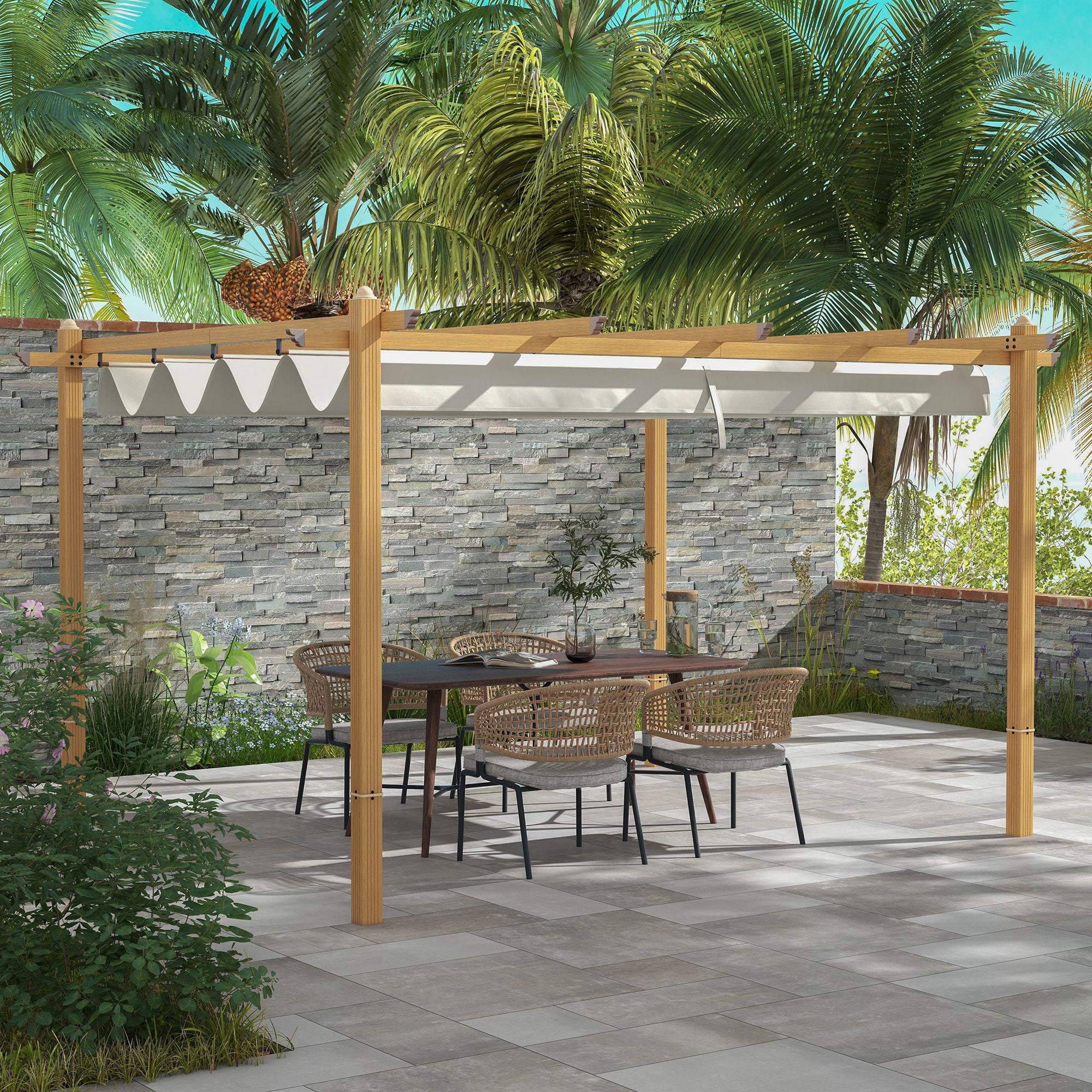 10' x 12' Retractable Pergola Canopy, Wood Grain Aluminum Frame, for Outdoor Shade Shelter, Cream - Image 4