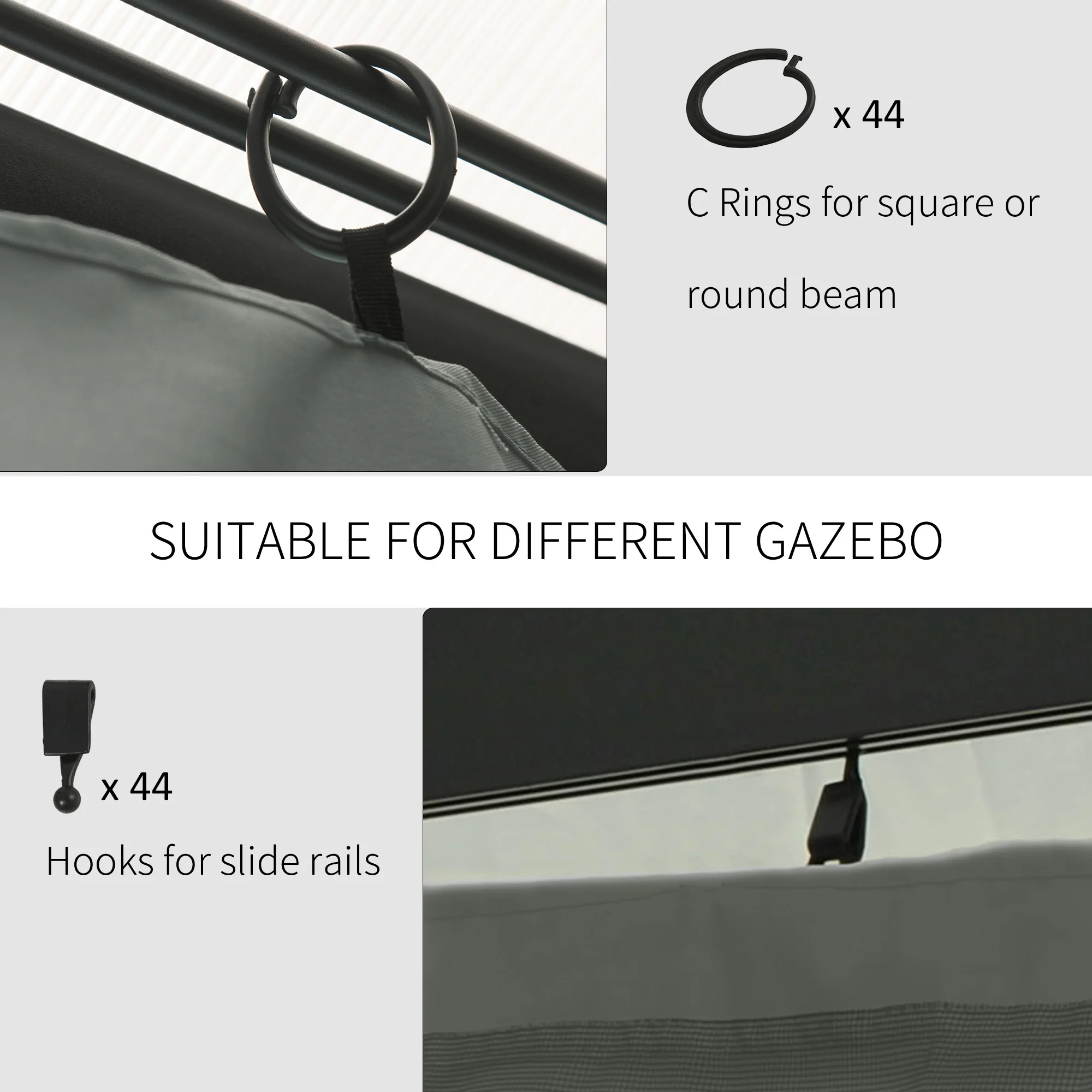 10' x 12' Gazebo Sidewall Set with Hooks & C-Rings, Gray - Image 6