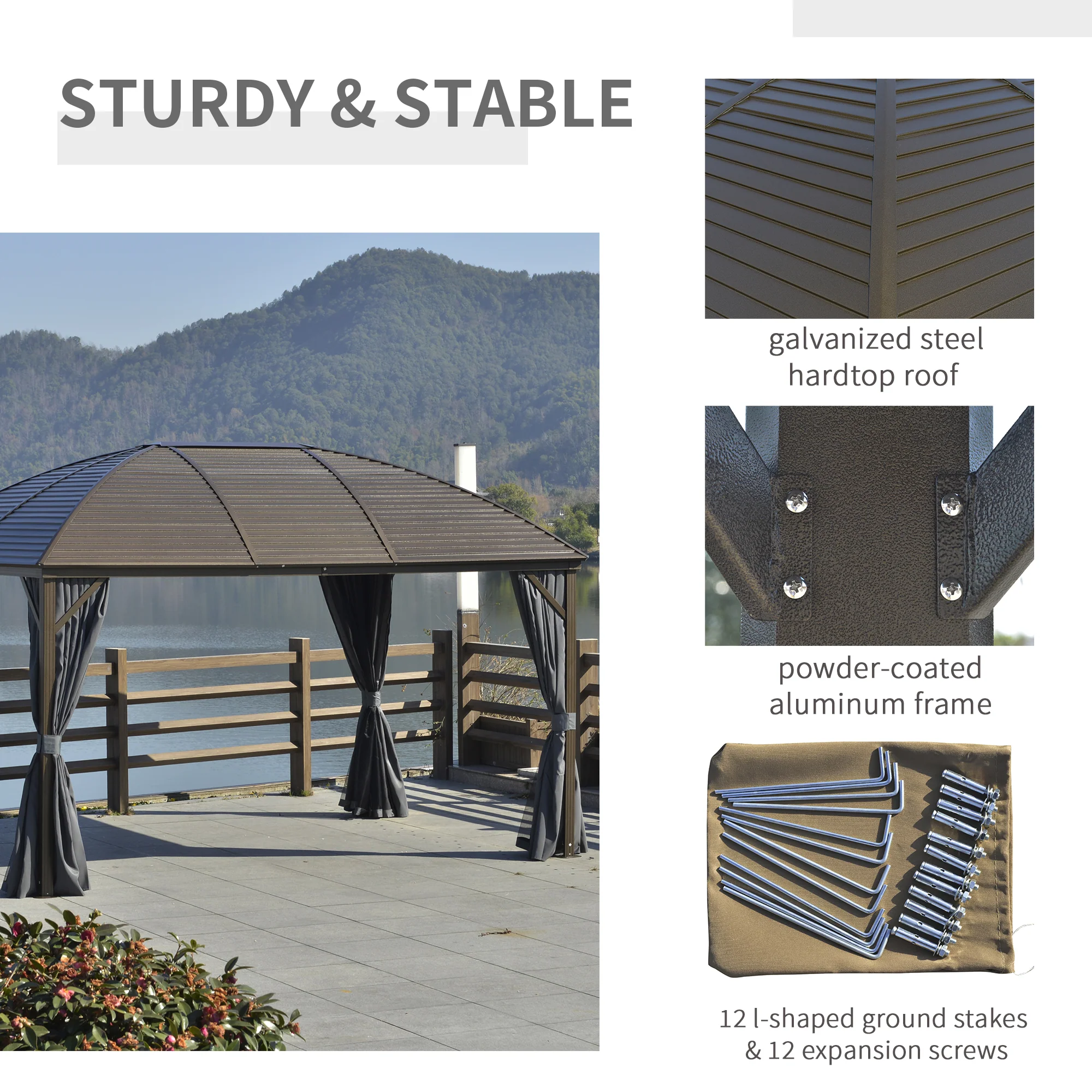10' x 13' Hardtop Gazebo with Curtains, Netting, Steel Roof, Ceiling Hook, Gray - Image 7