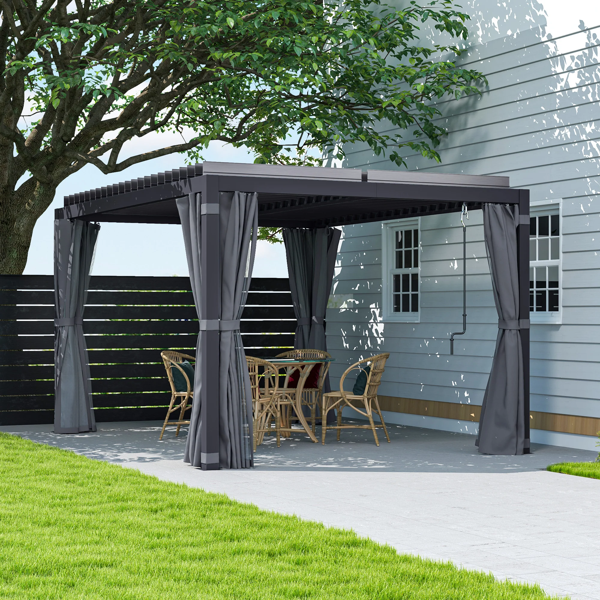 10' x 13' Aluminum Pergola with Adjustable Louvered Roof, Includes Curtains & Netting, Dark Gray - Image 3