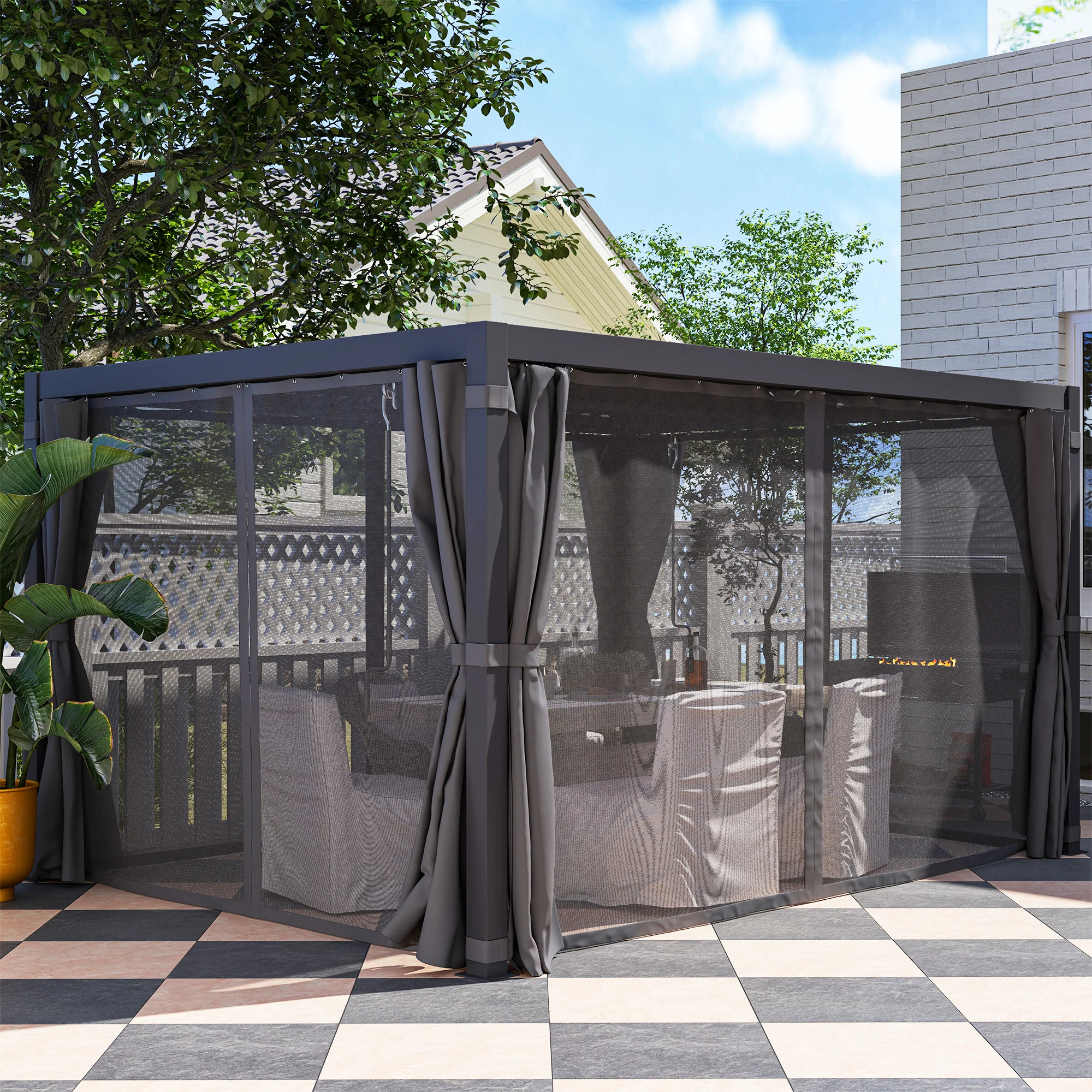 10' x 13' Aluminum Pergola with Adjustable Louvered Roof, Includes Curtains & Netting, Dark Gray - Image 4