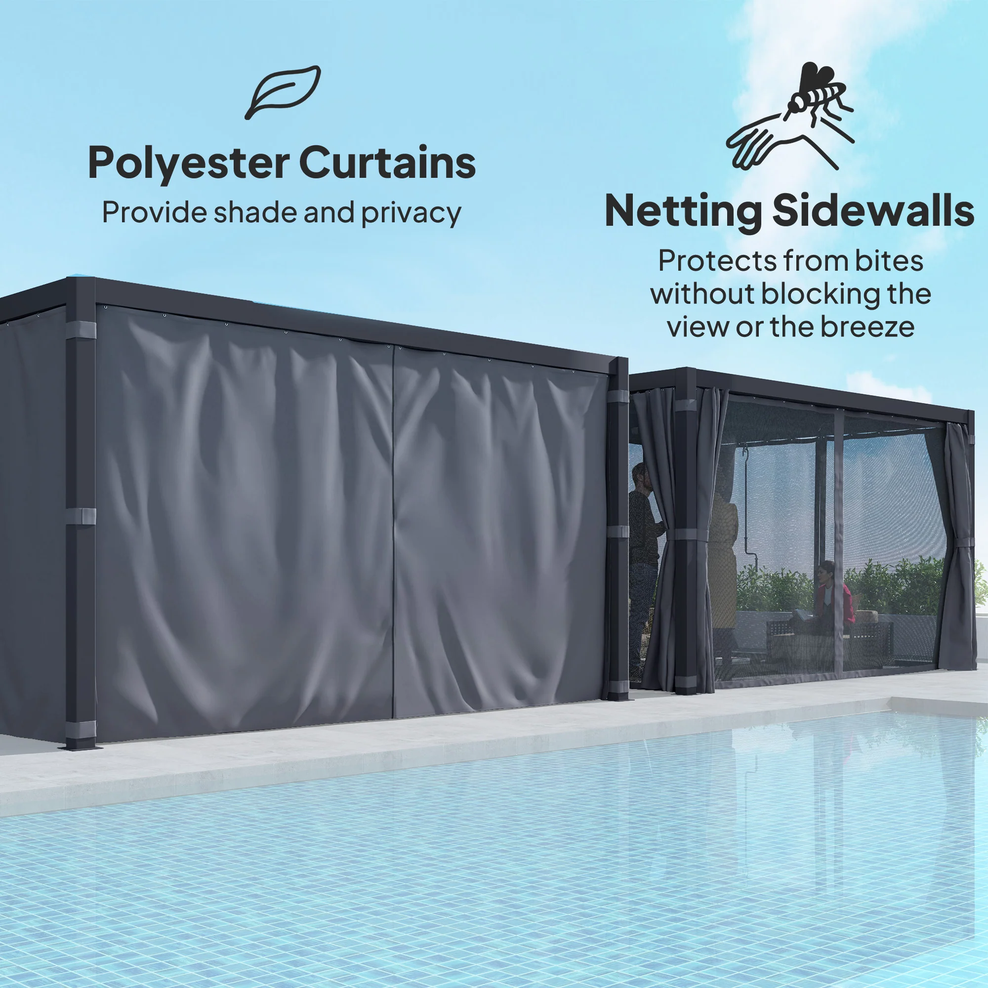 10' x 13' Aluminum Pergola with Adjustable Louvered Roof, Includes Curtains & Netting, Dark Gray - Image 6
