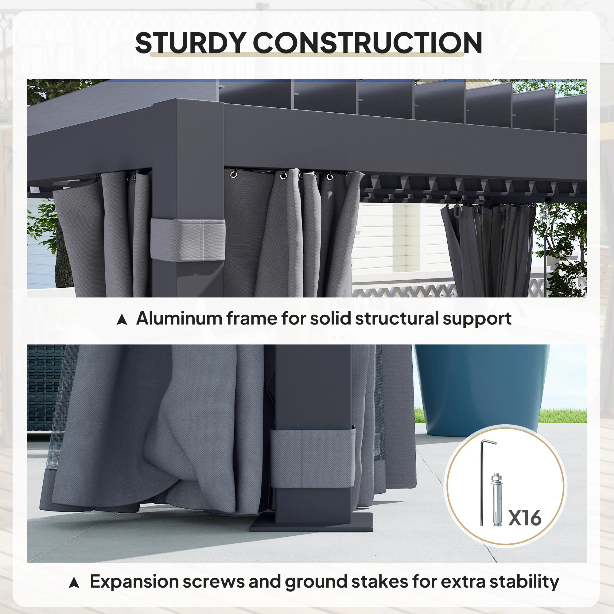 10' x 13' Aluminum Pergola with Adjustable Louvered Roof, Includes Curtains & Netting, Dark Gray - Image 7