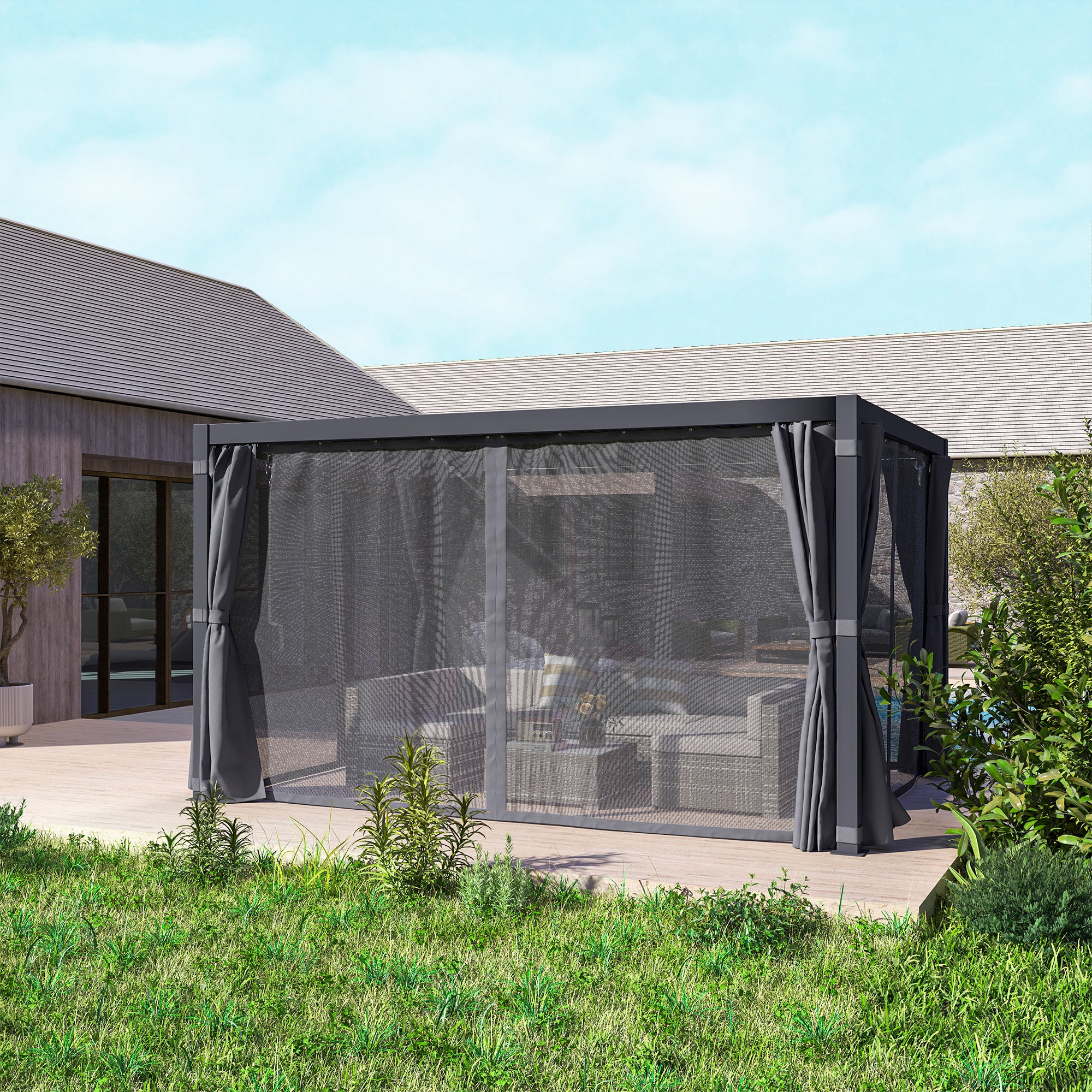 10' x 13' Aluminum Pergola with Adjustable Louvered Roof, Includes Curtains & Netting, Dark Gray - Image 9