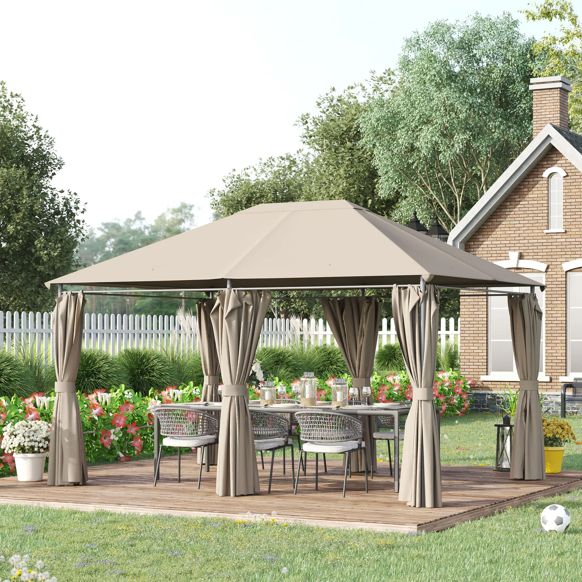10' x 13' Outdoor Gazebo with 6 Removable Sidewalls & Steel Frame, Khaki - Image 3