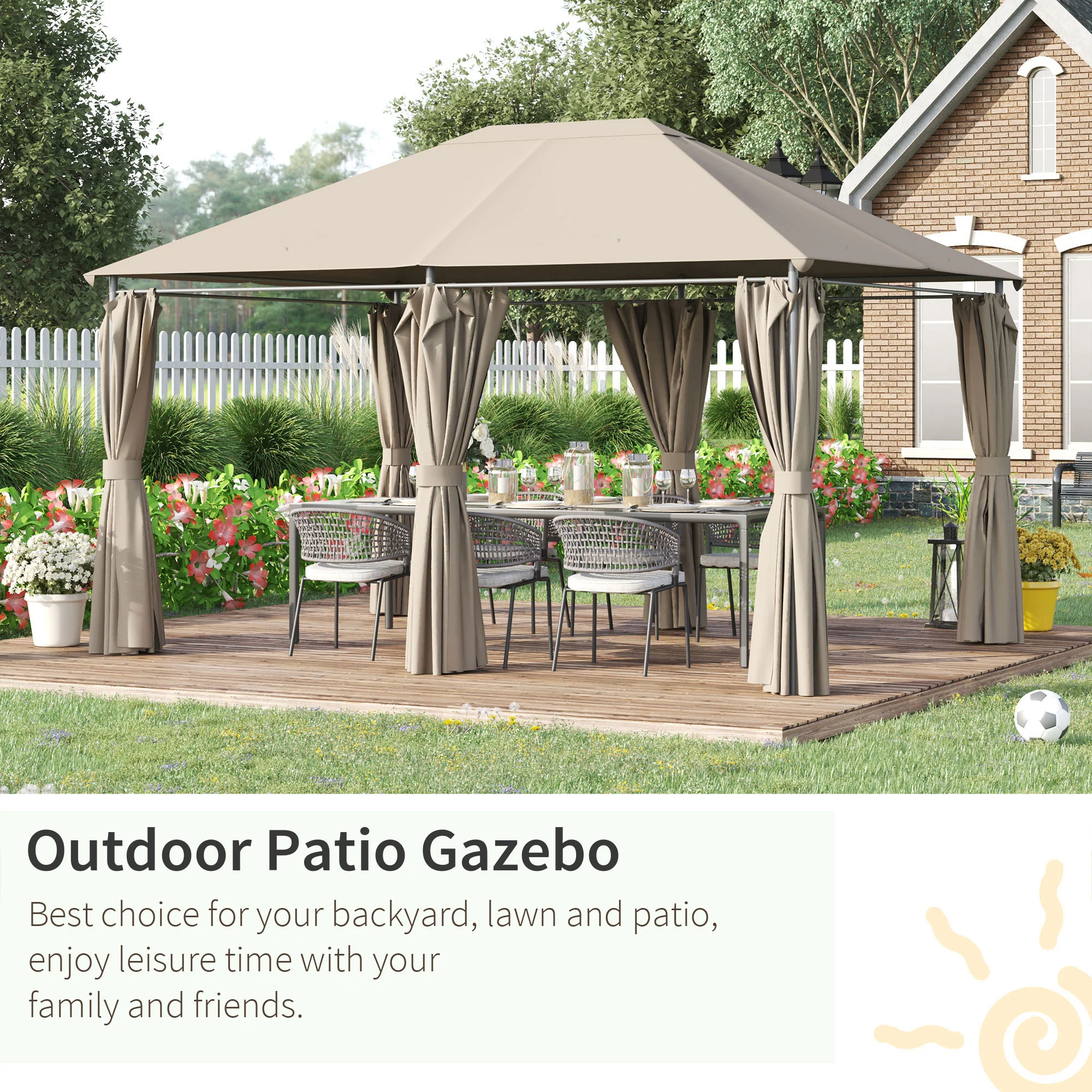 10' x 13' Outdoor Gazebo with 6 Removable Sidewalls & Steel Frame, Khaki - Image 8