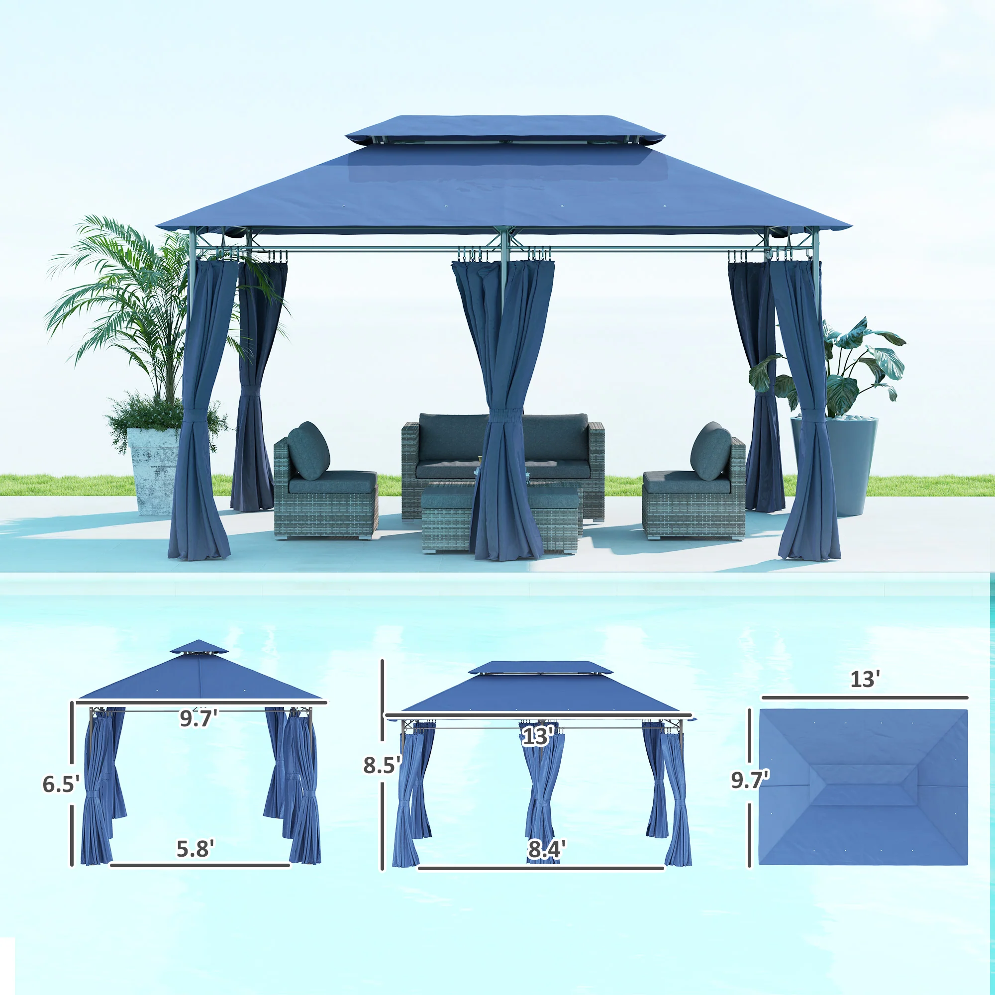 10' x 13' Double Roof Patio Gazebo with Weather-Resistant Curtains, Dark Blue - Image 5