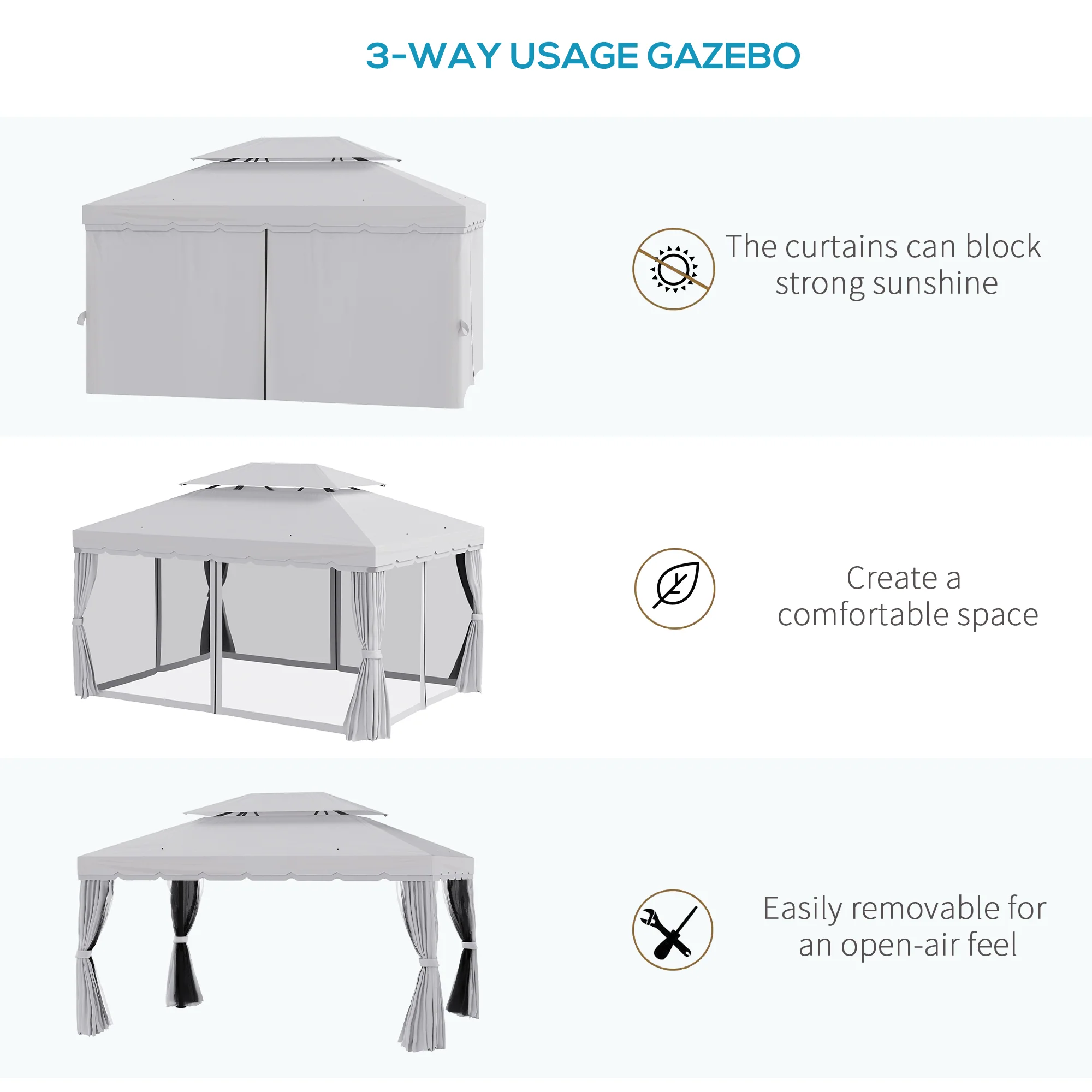 10' x 13' Patio Gazebo with Aluminum Frame, Double Roof, Netting & Light Gray Curtains - Image 6