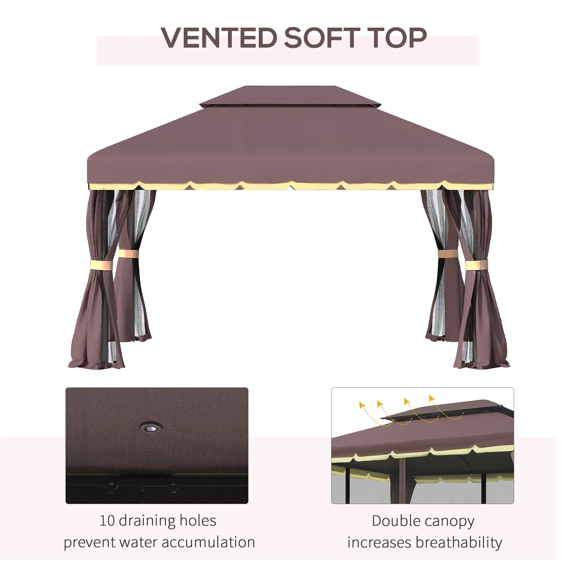 10' x 13' Patio Gazebo with Outdoor Canopy Shelter, Aluminum Frame, Netting, Curtains, Coffee - Image 6