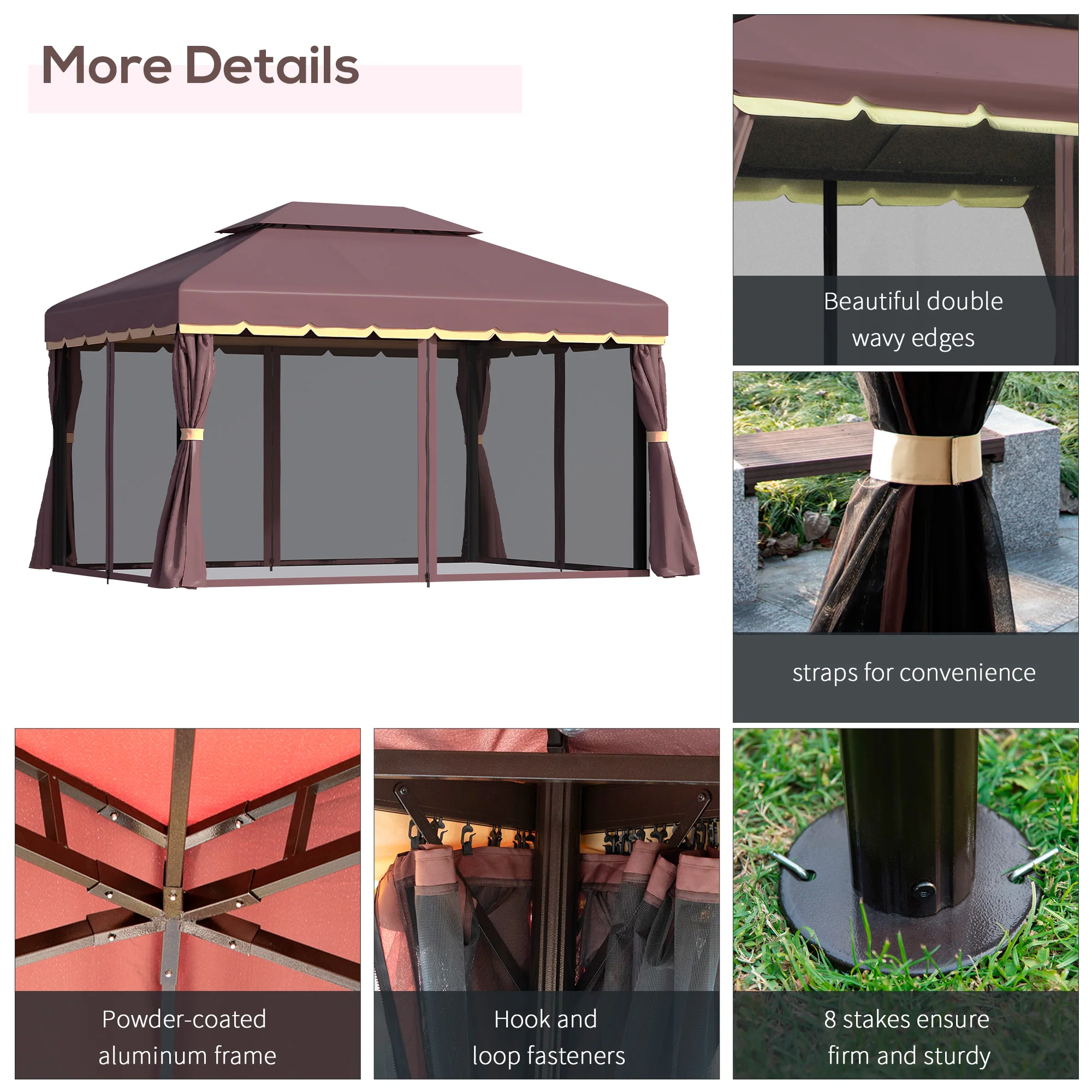 10' x 13' Patio Gazebo with Outdoor Canopy Shelter, Aluminum Frame, Netting, Curtains, Coffee - Image 7