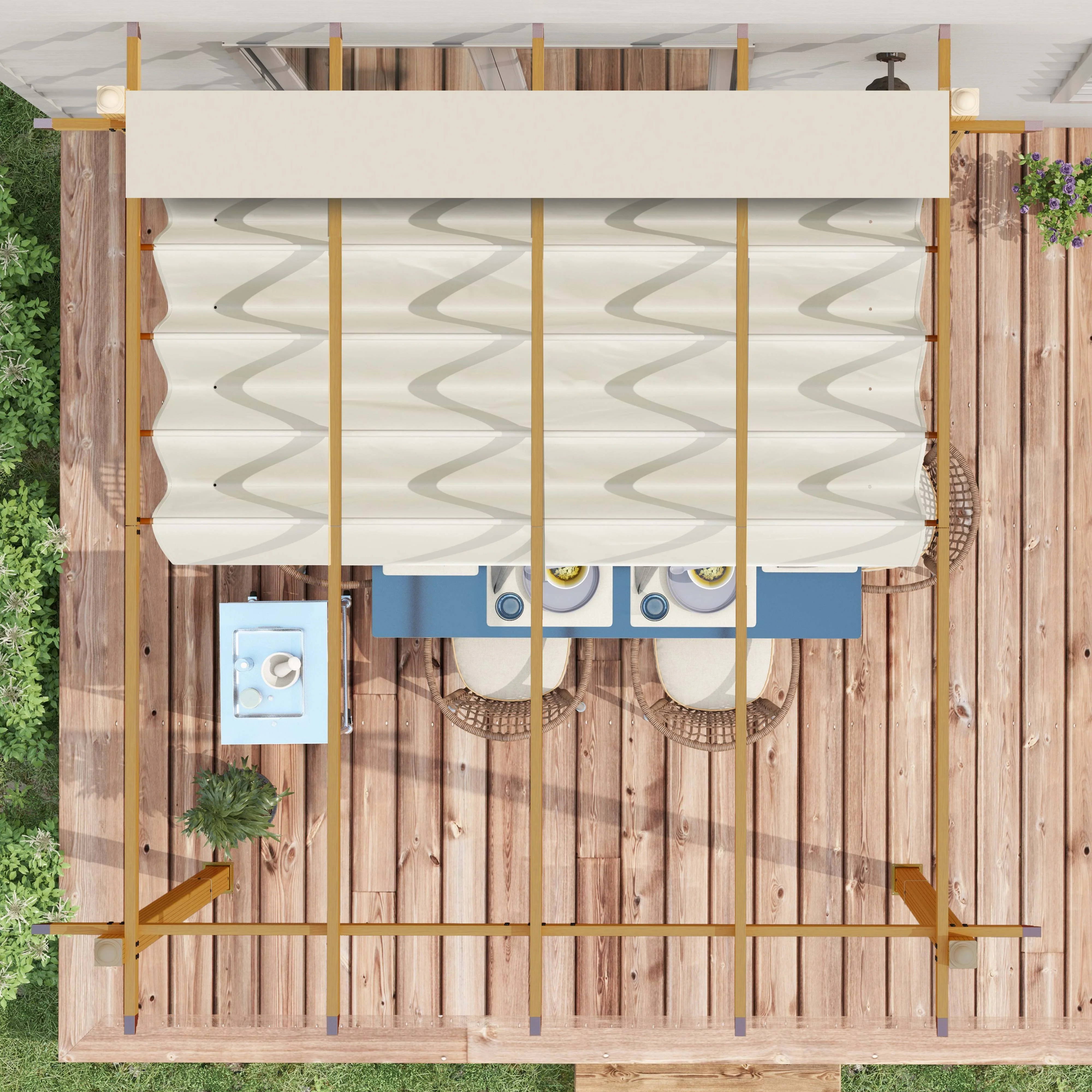10' x 13' Retractable Pergola Canopy, Wood Grain Aluminum Frame, for Outdoor Shade Shelter, Cream - Image 11