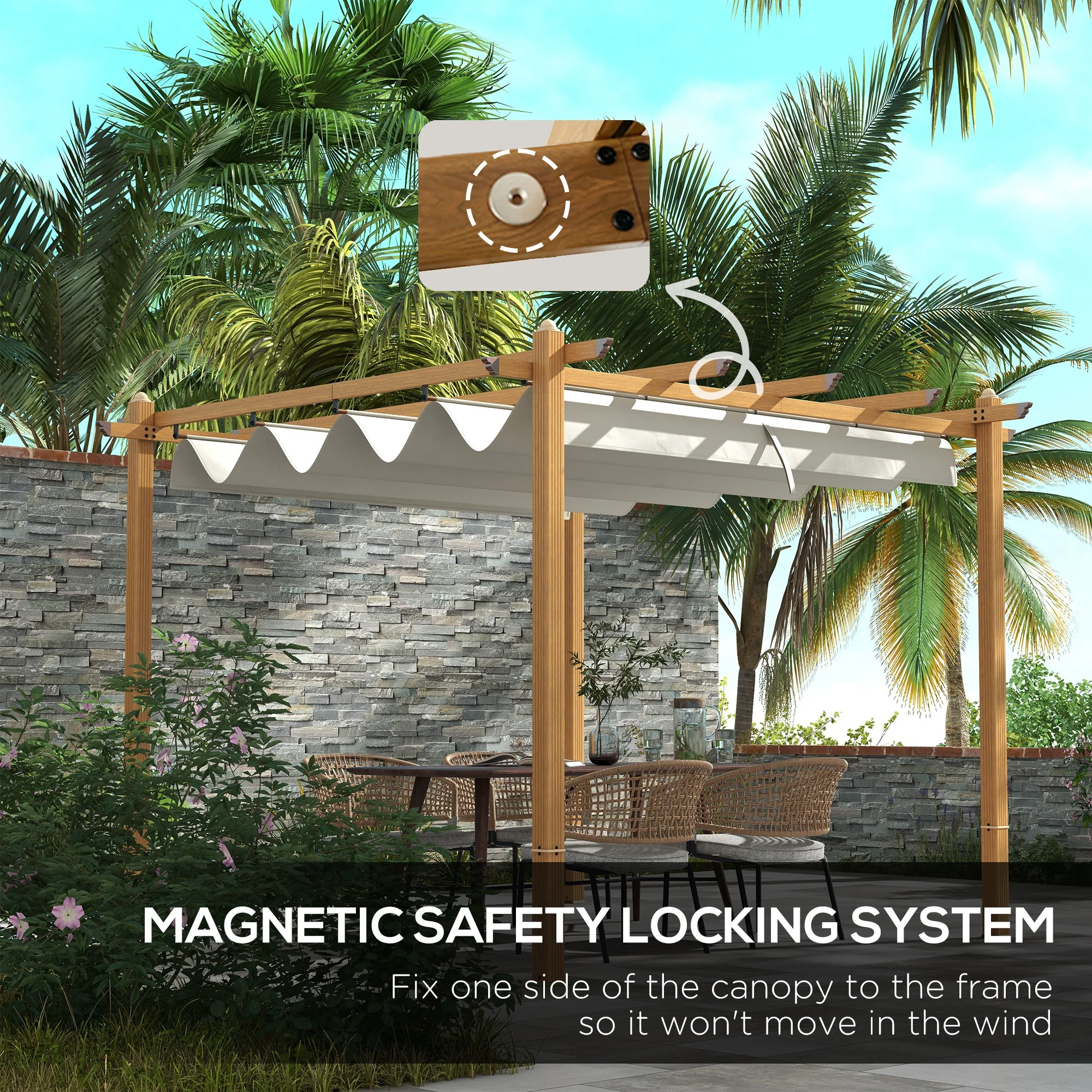 10' x 13' Retractable Pergola Canopy, Wood Grain Aluminum Frame, for Outdoor Shade Shelter, Cream - Image 8