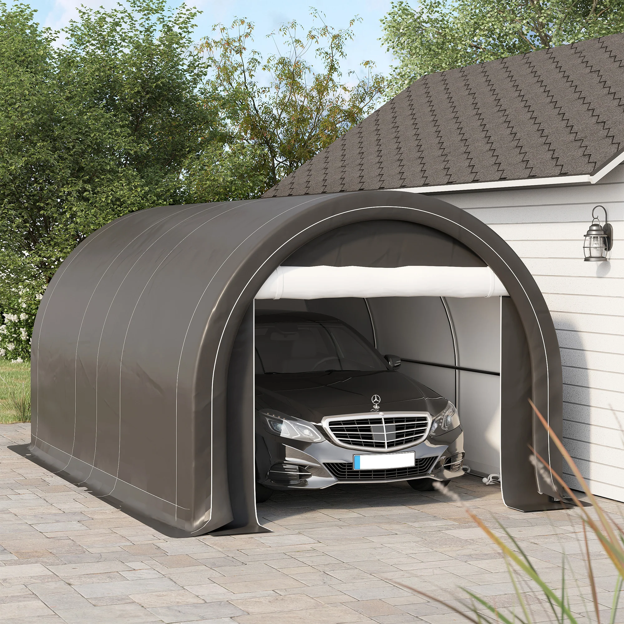 10' x 16' Heavy-Duty Portable Carport with Anti-UV Canopy & Large Zippered Door, Gray - Image 4