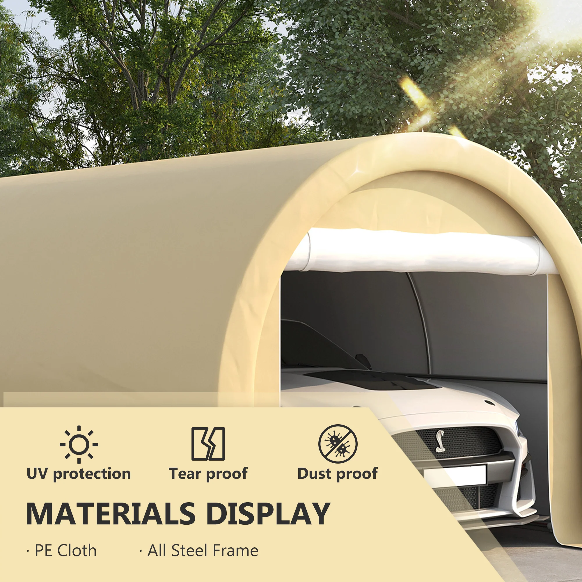 10' x 16' Heavy-Duty Carport with Zippered Door & UV-Resistant Canopy, Beige - Image 6