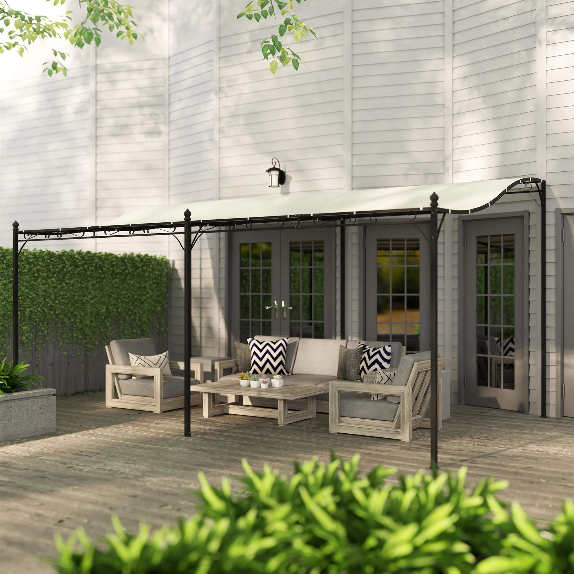 10' x 16' Wall-Mounted Metal Patio Canopy with Drainage Holes, Cream White - Image 11