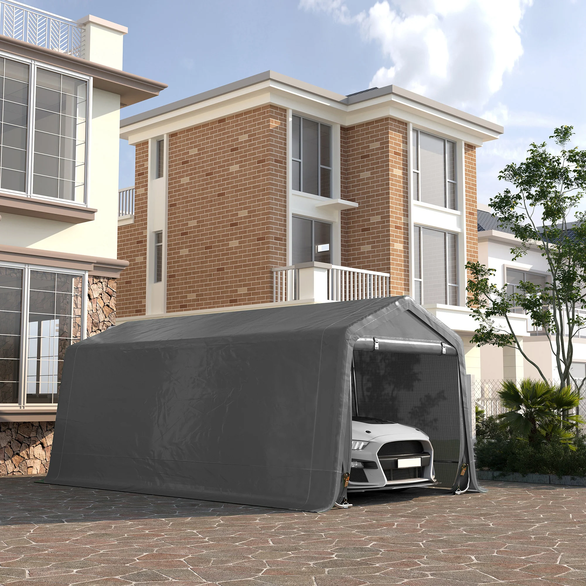 10' x 20' Portable Carport, Heavy-Duty Storage Tent, Anti-UV PE Cover, Double Zipper Doors, Gray - Image 4