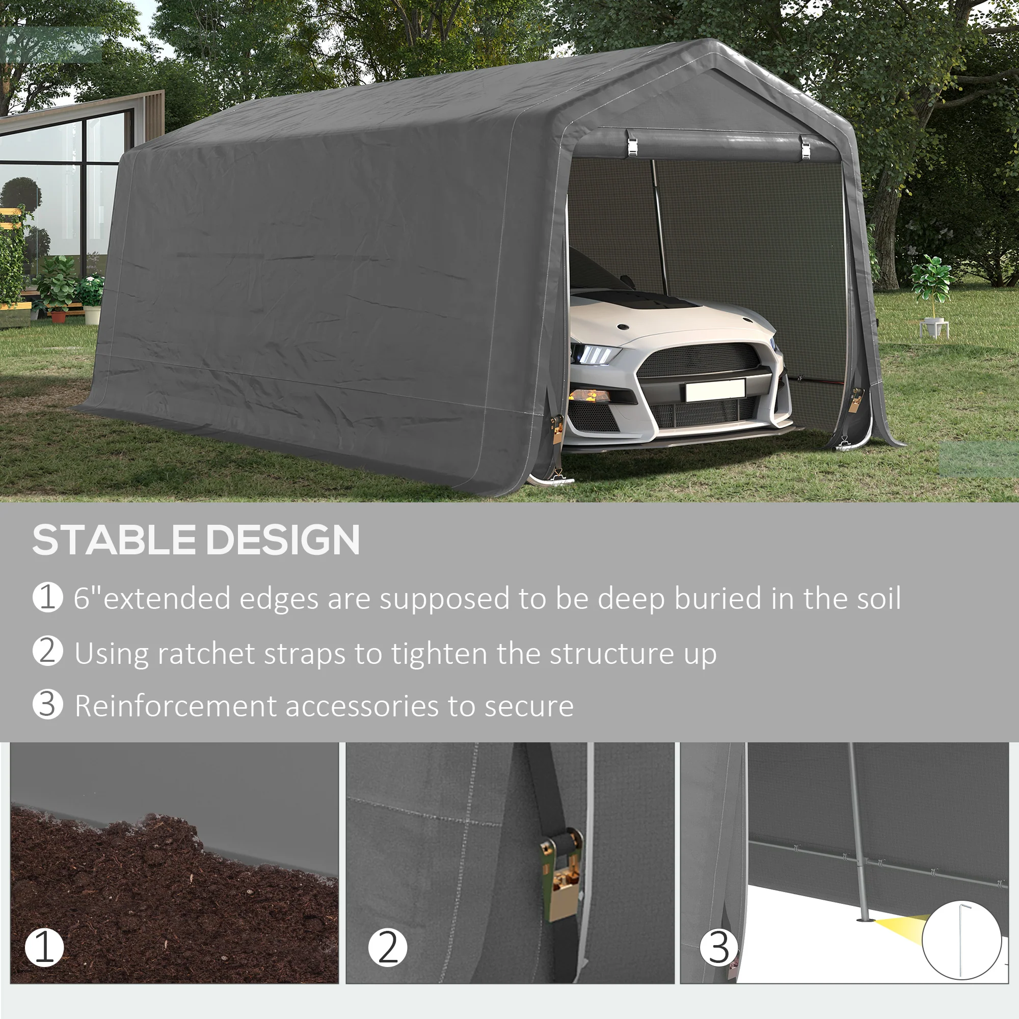 10' x 20' Portable Carport, Heavy-Duty Storage Tent, Anti-UV PE Cover, Double Zipper Doors, Gray - Image 7