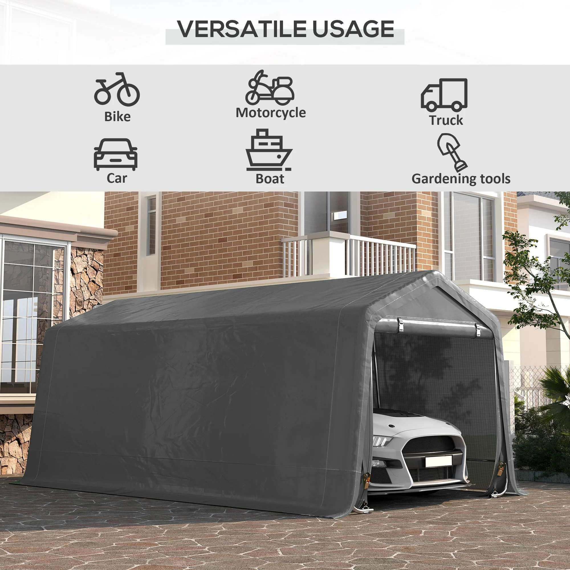 10' x 20' Portable Carport, Heavy-Duty Storage Tent, Anti-UV PE Cover, Double Zipper Doors, Gray - Image 9