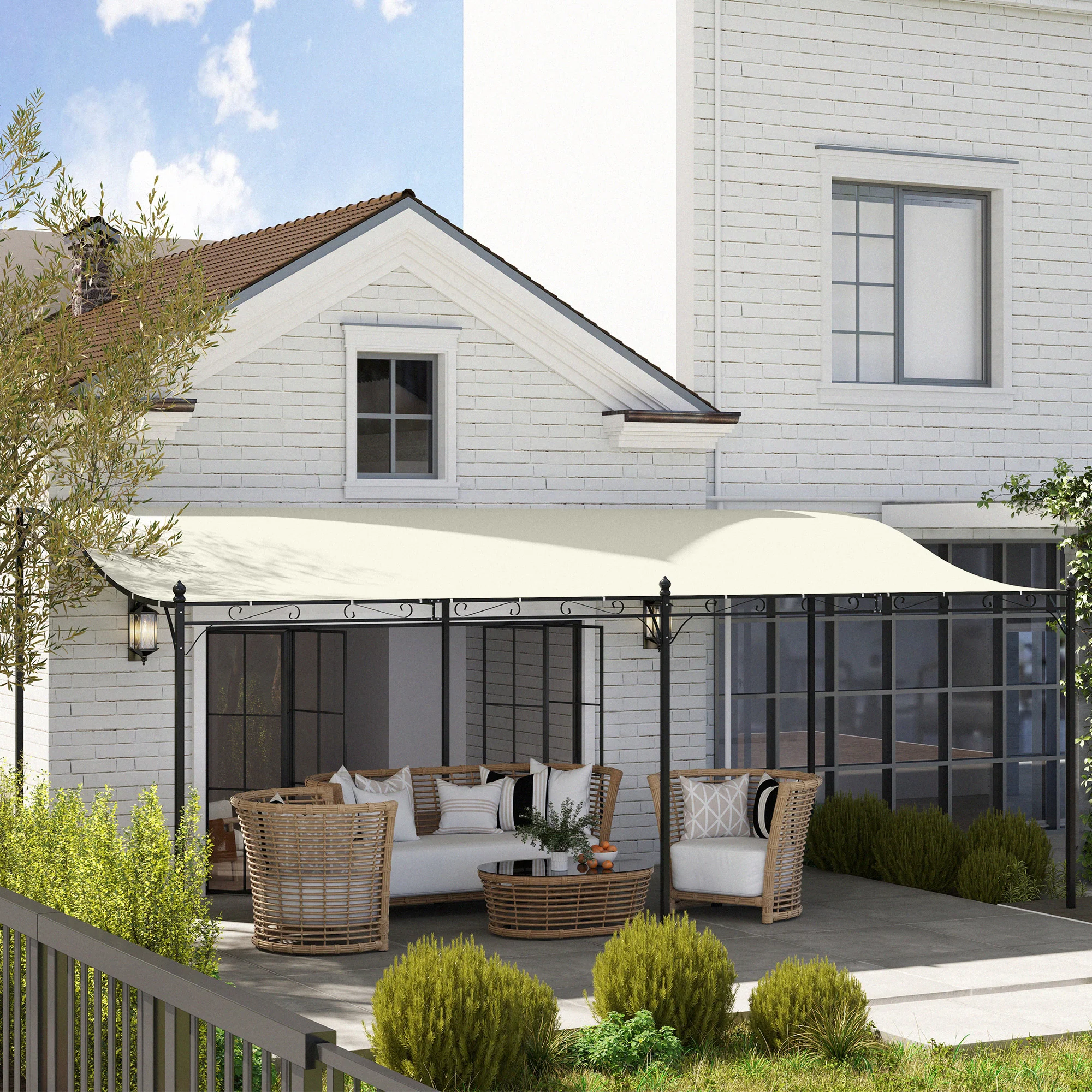 10' x 20' Wall-Mounted Metal Pergola Canopy with Drainage Holes in Cream White - Image 10