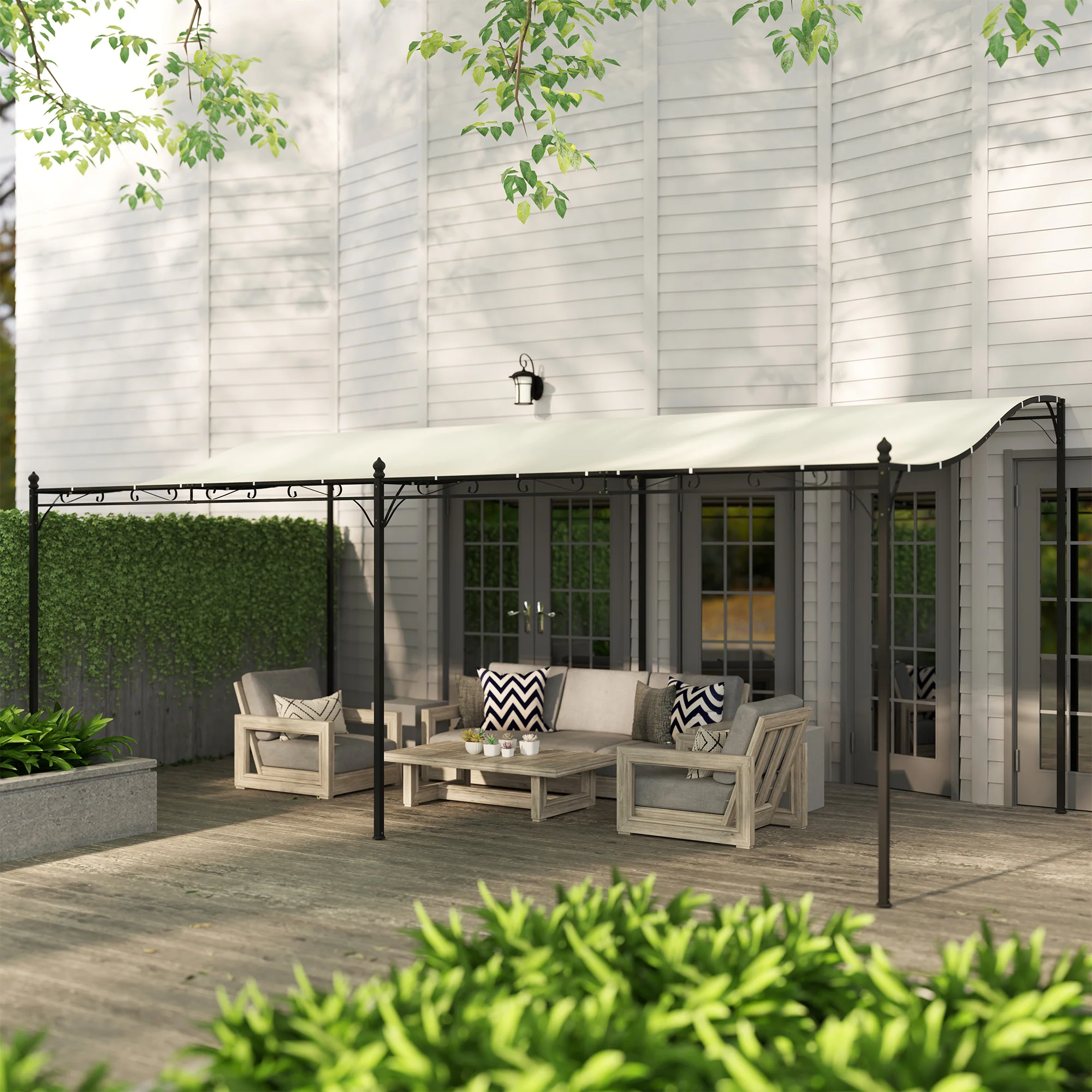 10' x 20' Wall-Mounted Metal Pergola Canopy with Drainage Holes in Cream White - Image 11