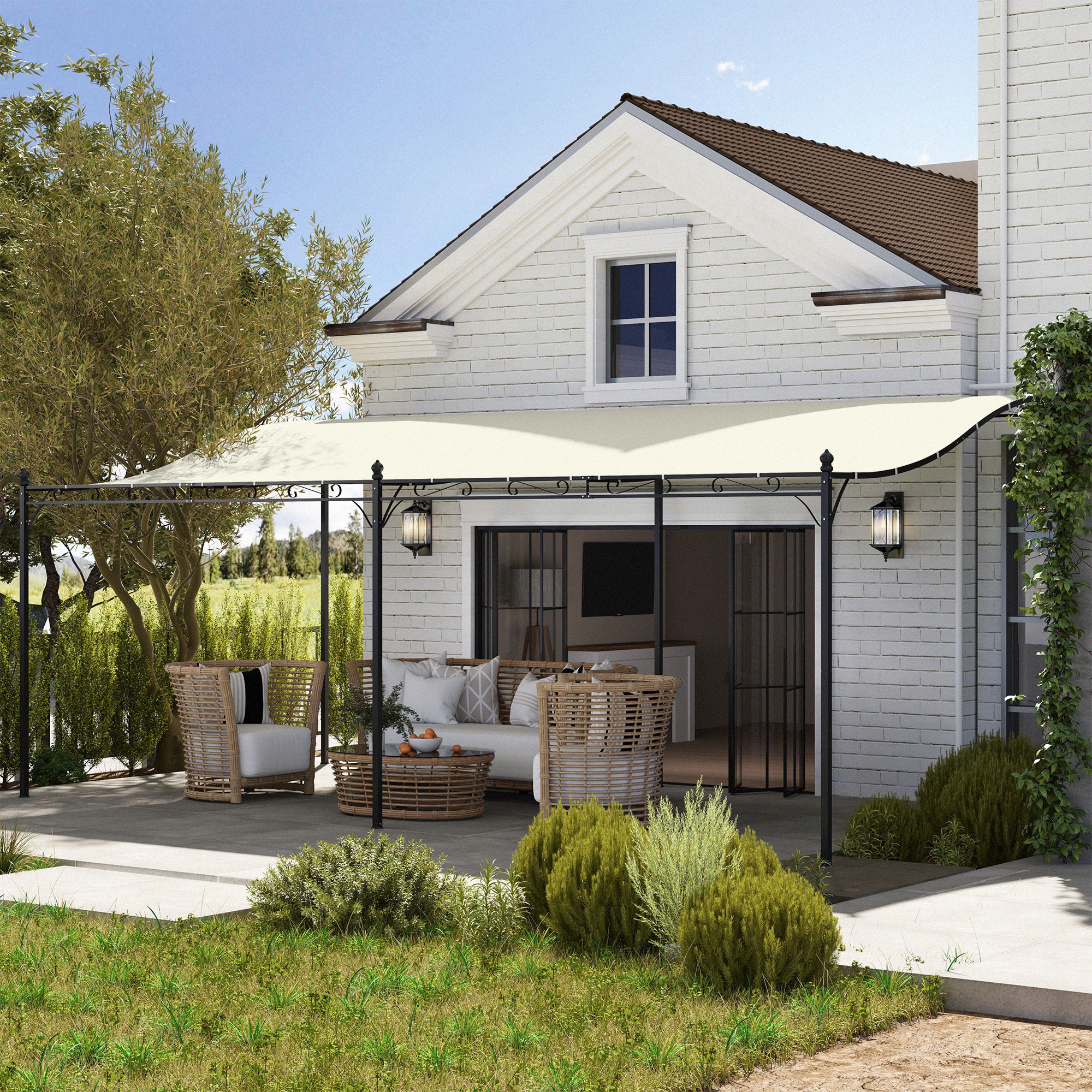 10' x 20' Wall-Mounted Metal Pergola Canopy with Drainage Holes in Cream White - Image 3