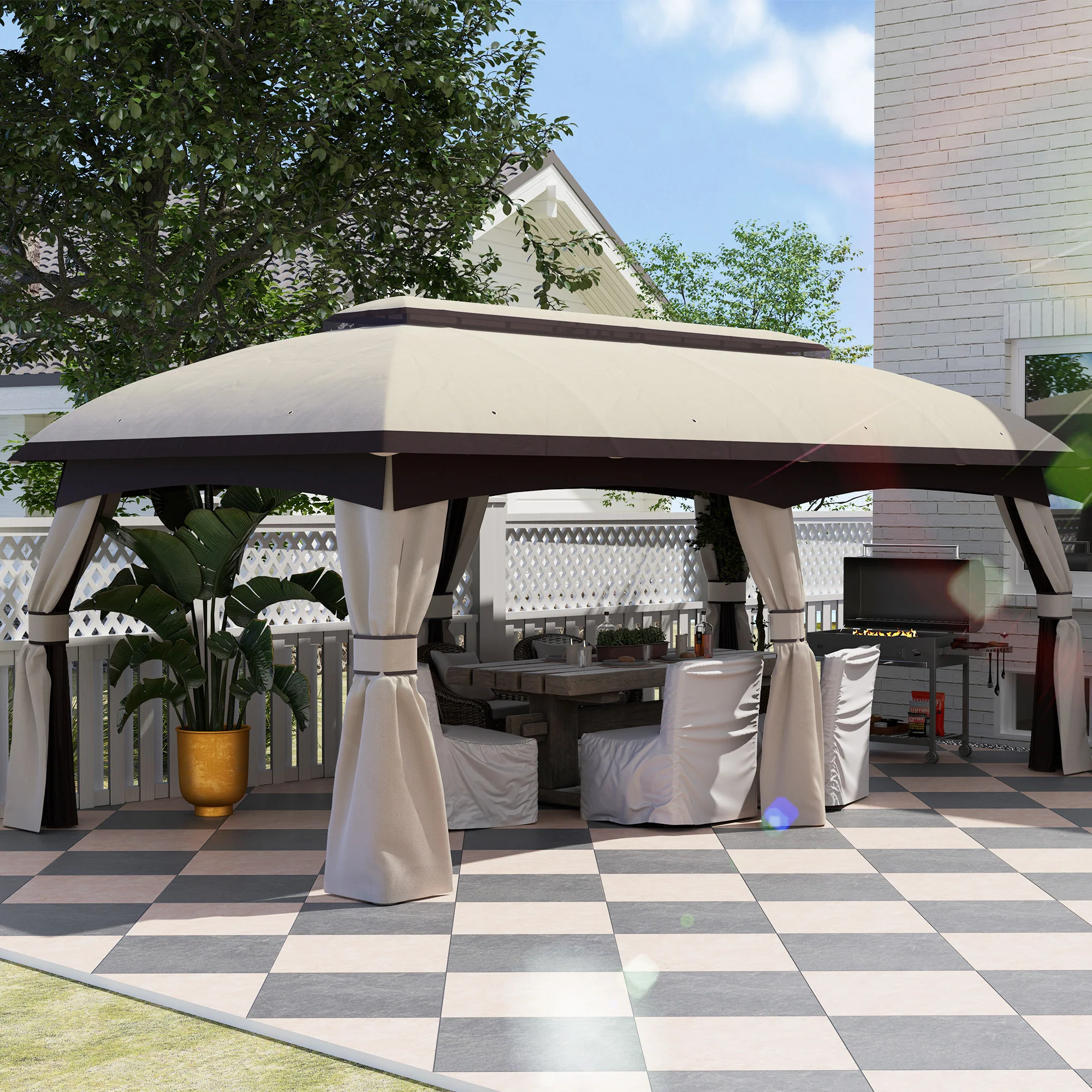 10' x 20' Patio Gazebo Shelter with Netting, Curtains, Vented Roof, Beige - Image 3