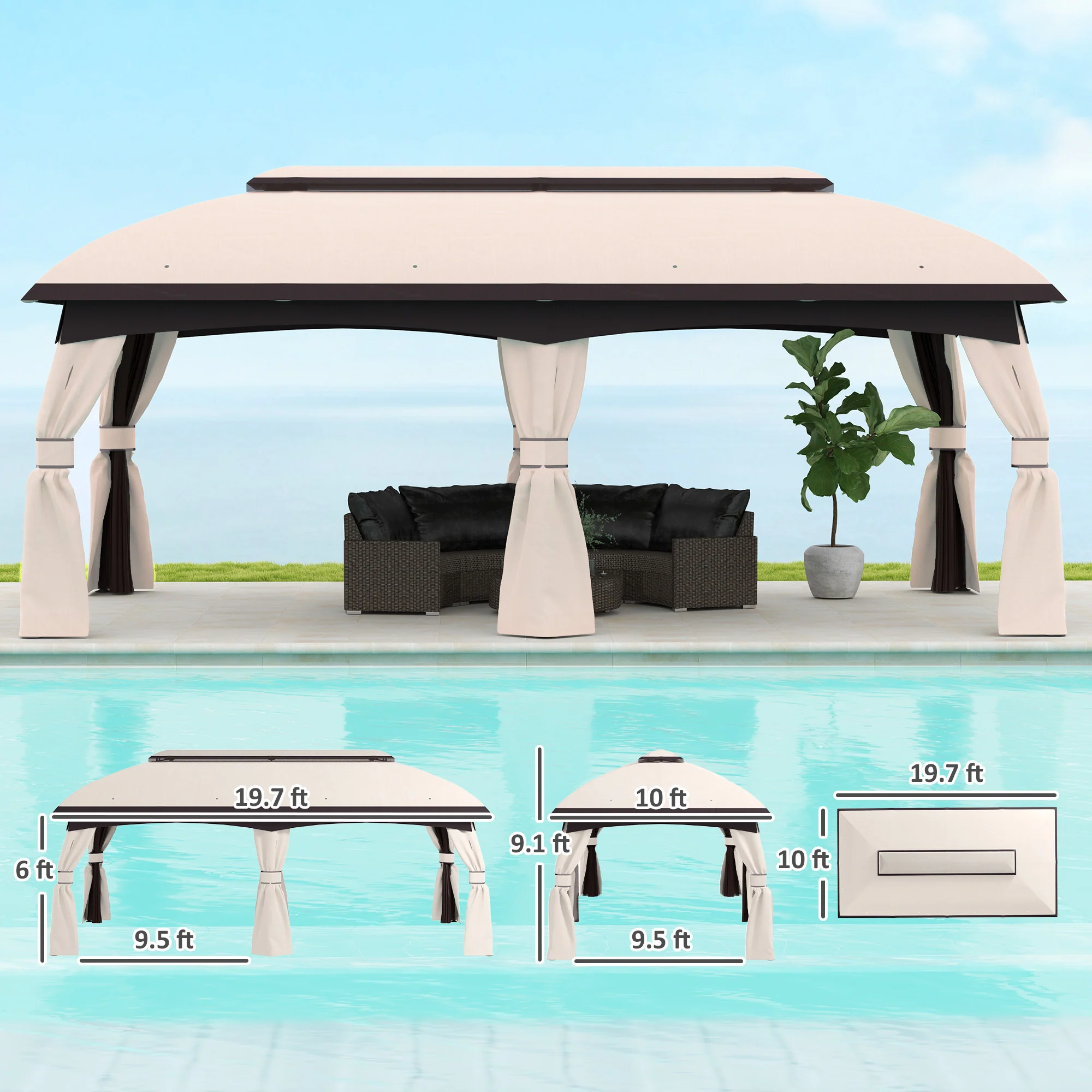 10' x 20' Patio Gazebo Shelter with Netting, Curtains, Vented Roof, Beige - Image 5