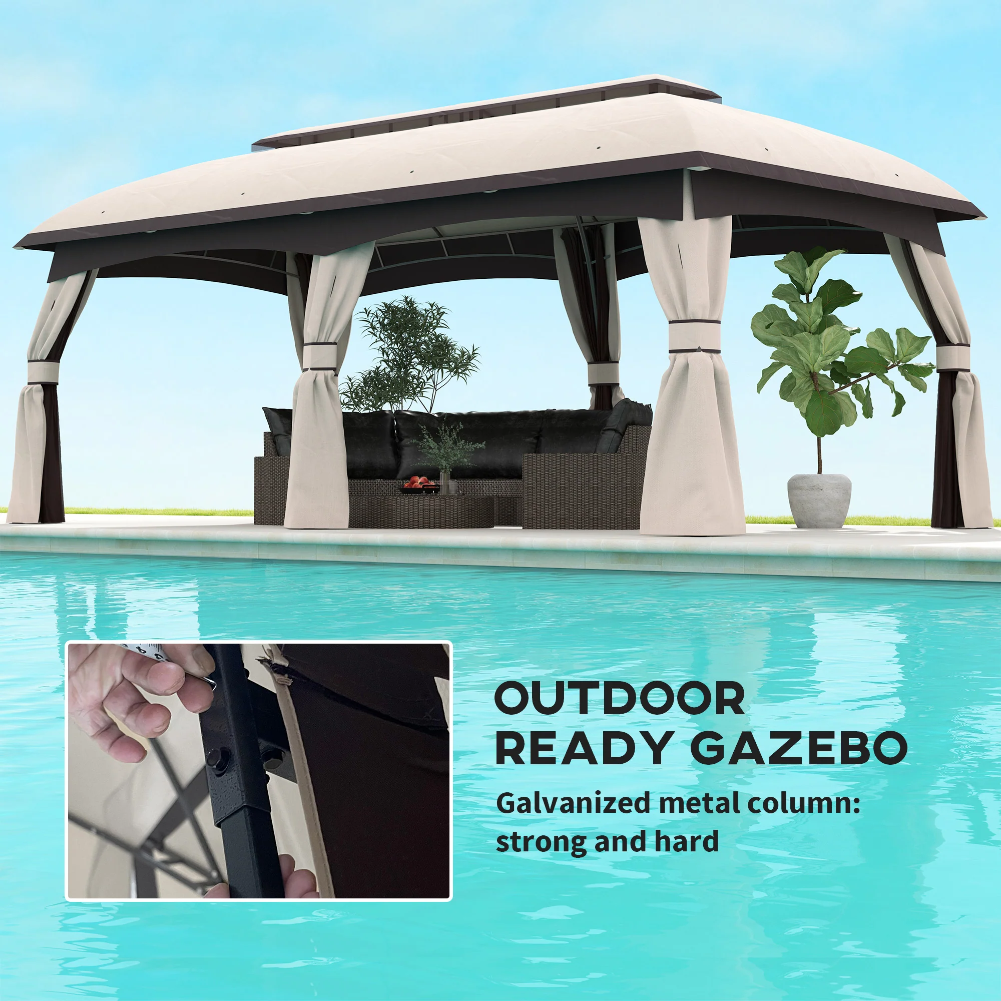 10' x 20' Patio Gazebo Shelter with Netting, Curtains, Vented Roof, Beige - Image 8