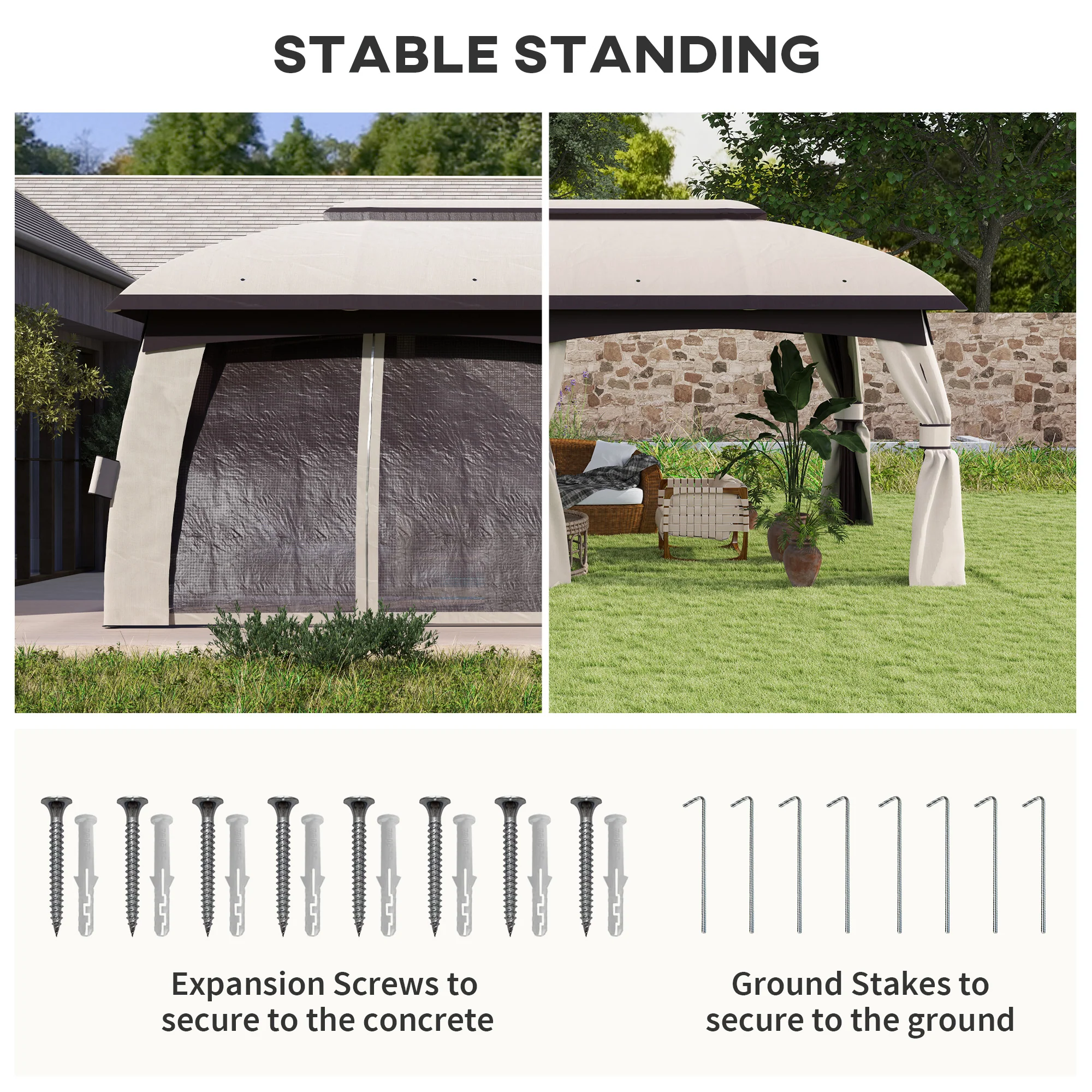 10' x 20' Patio Gazebo Shelter with Netting, Curtains, Vented Roof, Beige - Image 9