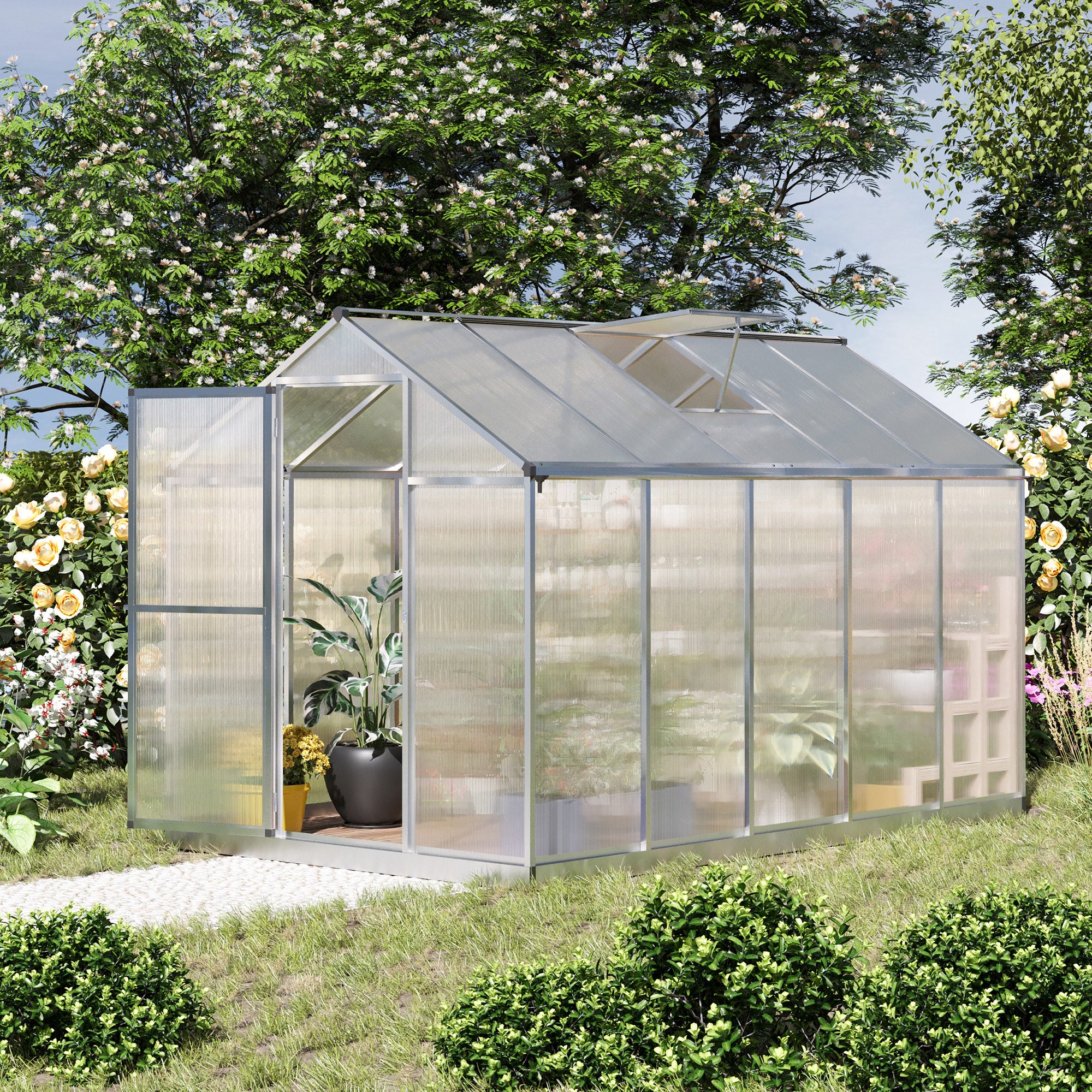 10' x 6' Polycarbonate Greenhouse with Rain Gutter and Roof Vent, Aluminum Frame, Silver - Image 3