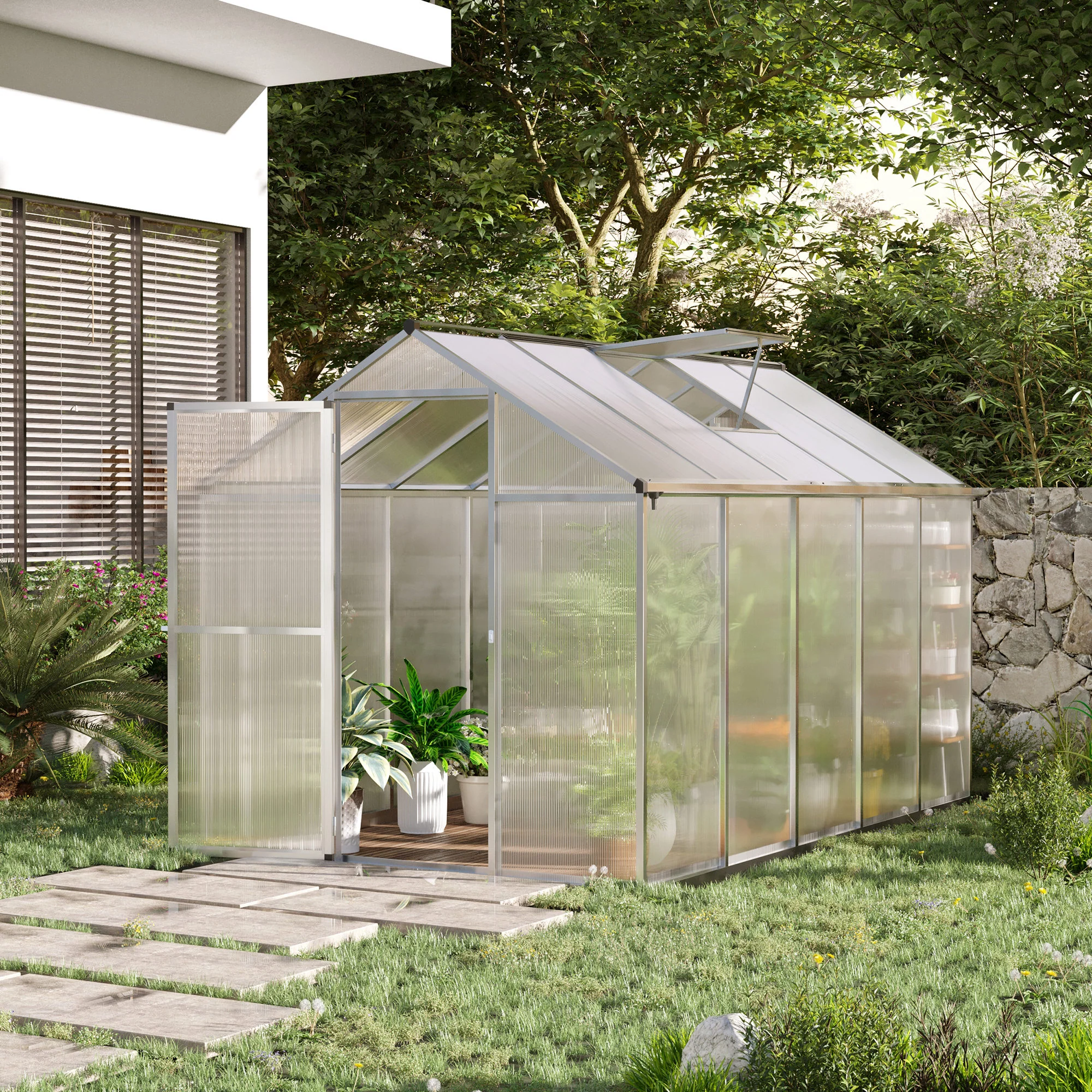 10' x 6' Polycarbonate Greenhouse with Rain Gutter and Roof Vent, Aluminum Frame, Silver - Image 4