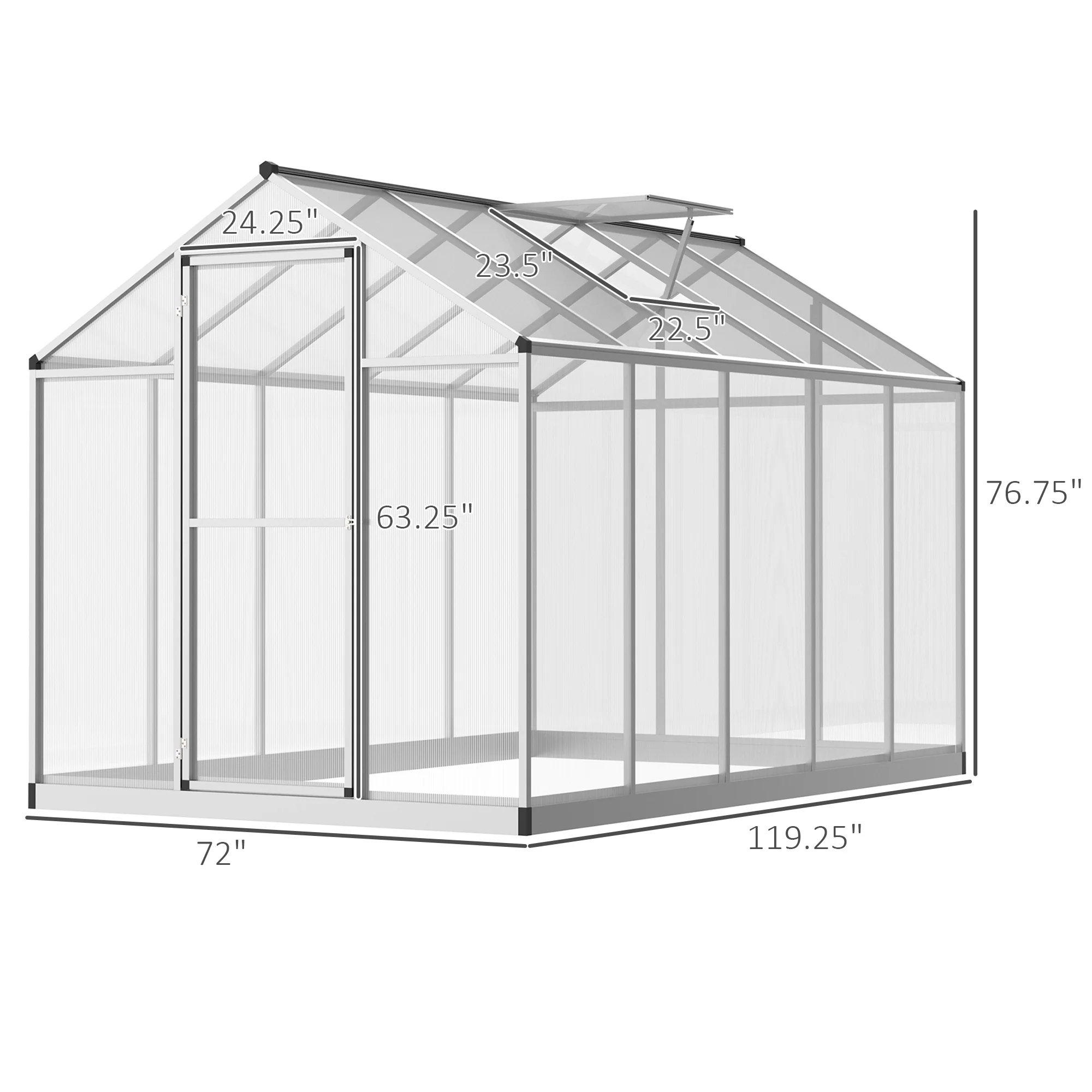 10' x 6' Polycarbonate Greenhouse with Rain Gutter and Roof Vent, Aluminum Frame, Silver - Image 5