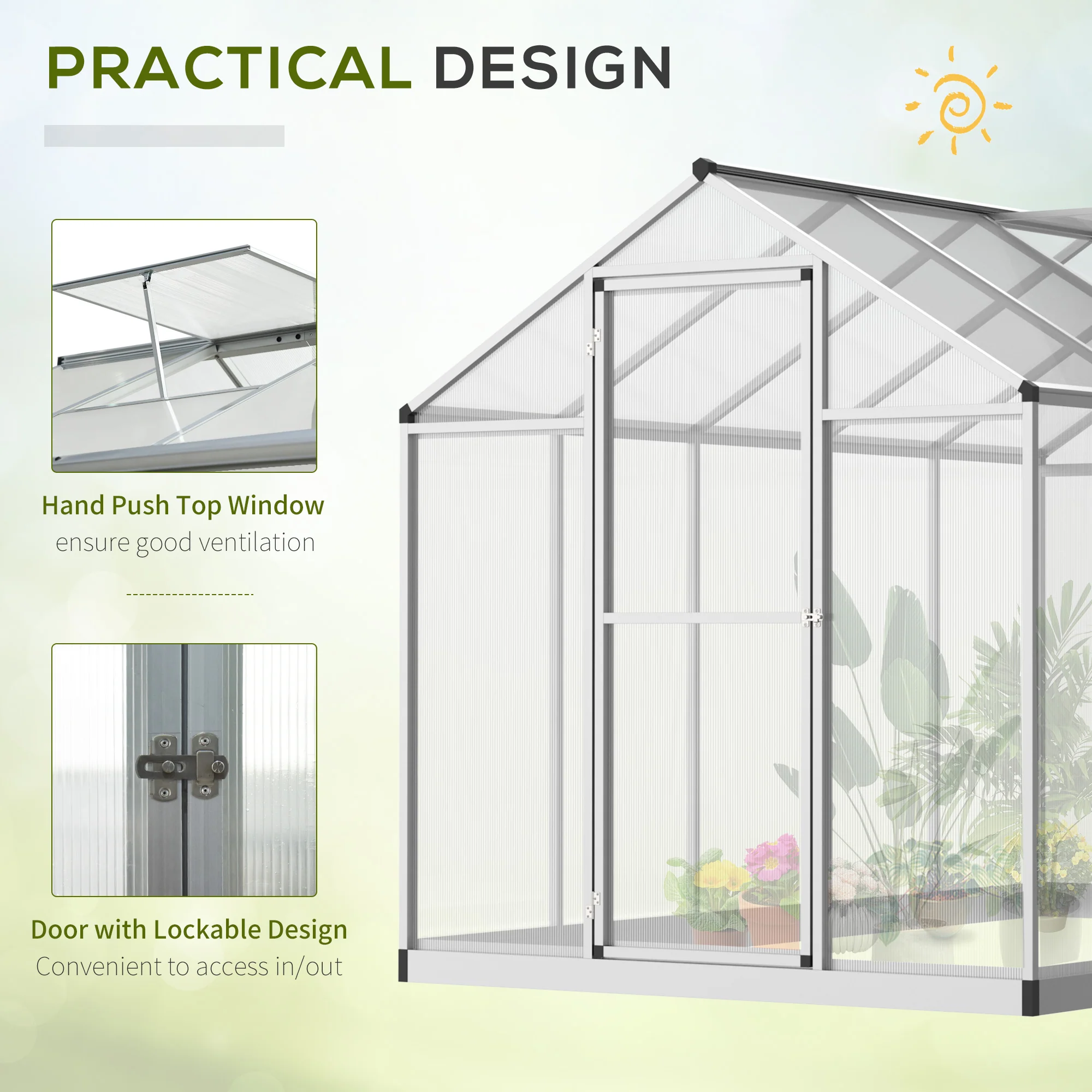 10' x 6' Polycarbonate Greenhouse with Rain Gutter and Roof Vent, Aluminum Frame, Silver - Image 7