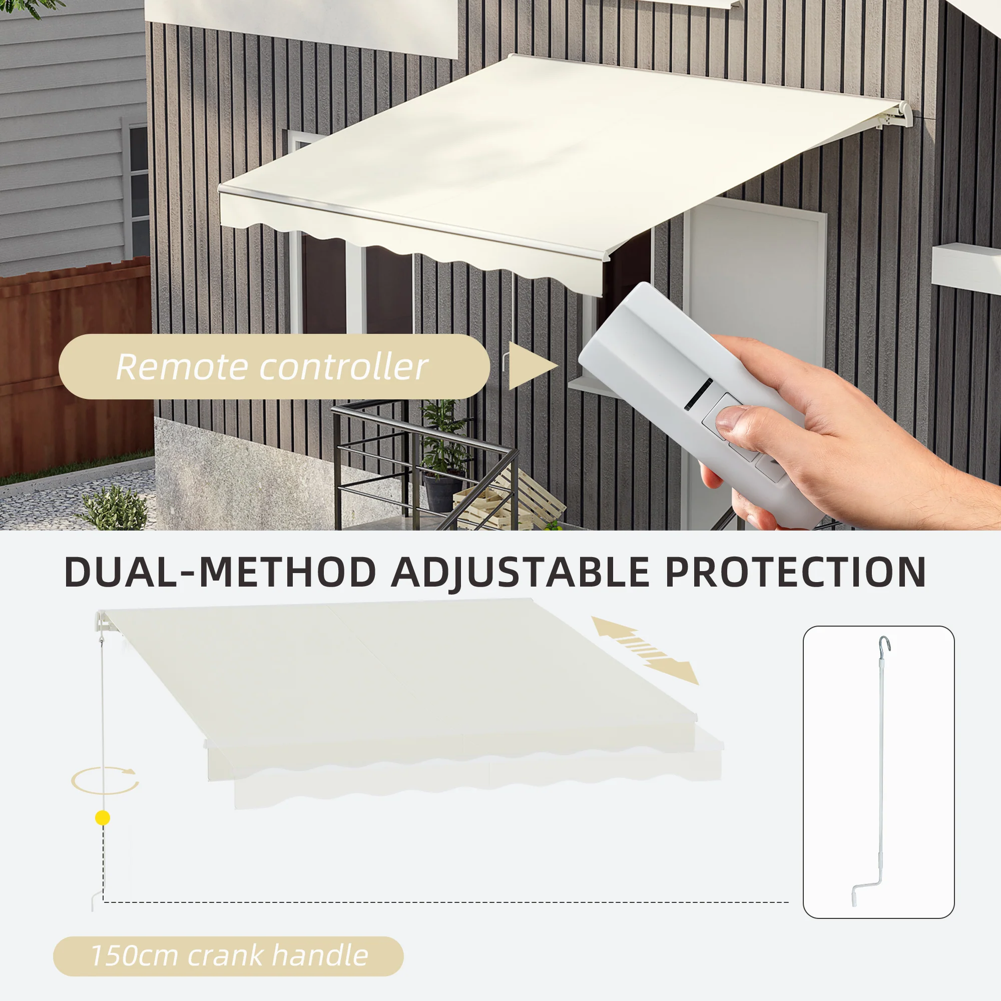10' x 8' Retractable Electric Awning with UV Protection, Remote Control & Manual Crank in Cream - Image 7