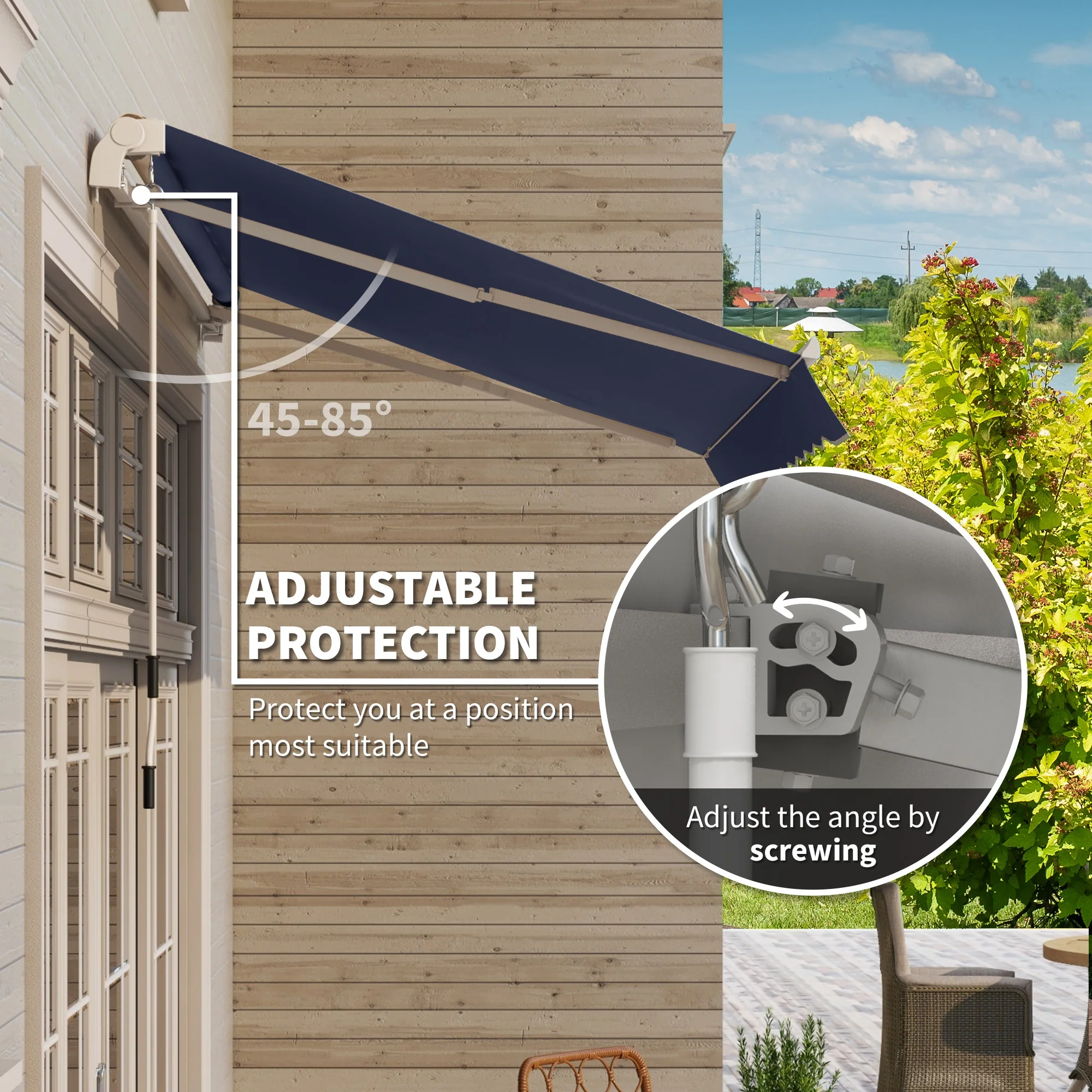 10' x 8' Manual Crank Retractable Awning, UV/Water-Resistant Sun Shelter, Blue - Image 6