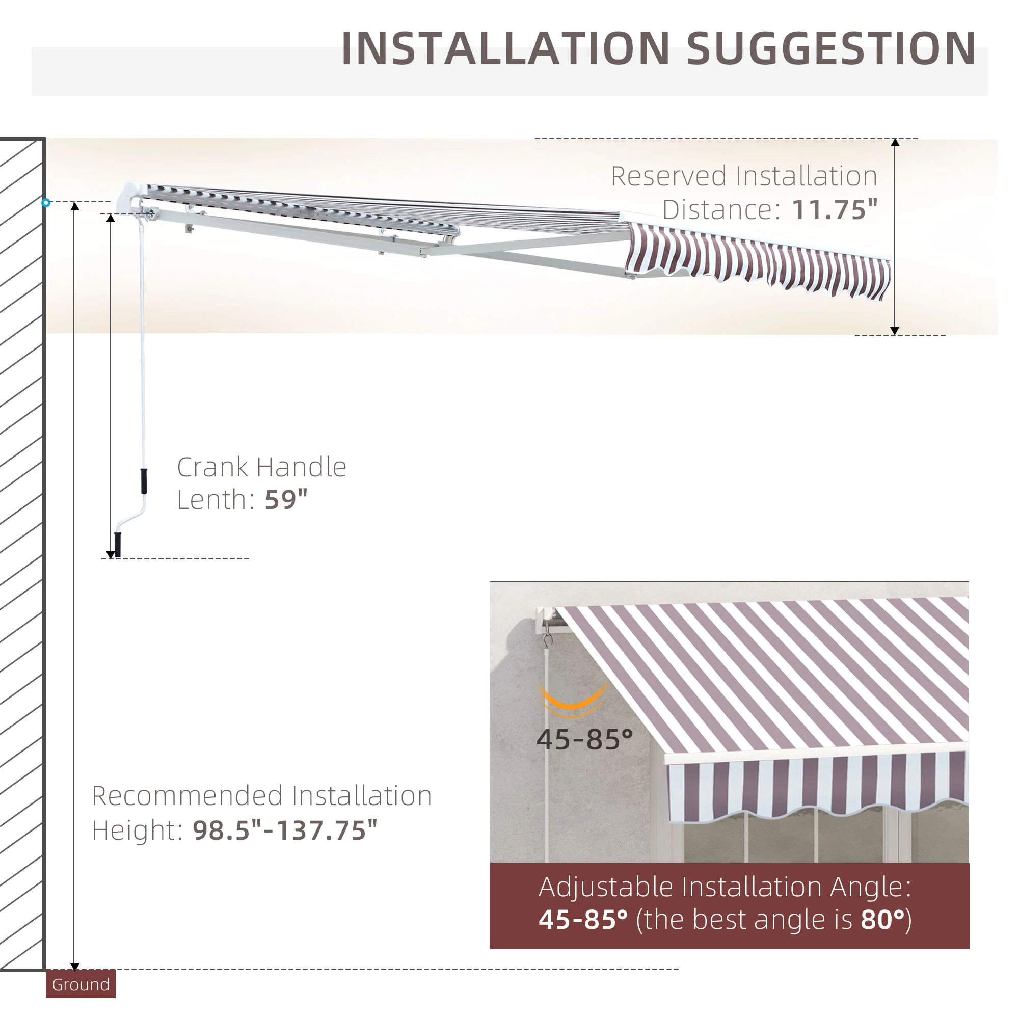 10' x 8' Retractable Patio Awning with UV/Water-Resistant Fabric, Manual Crank, Coffee Stripes - Image 10