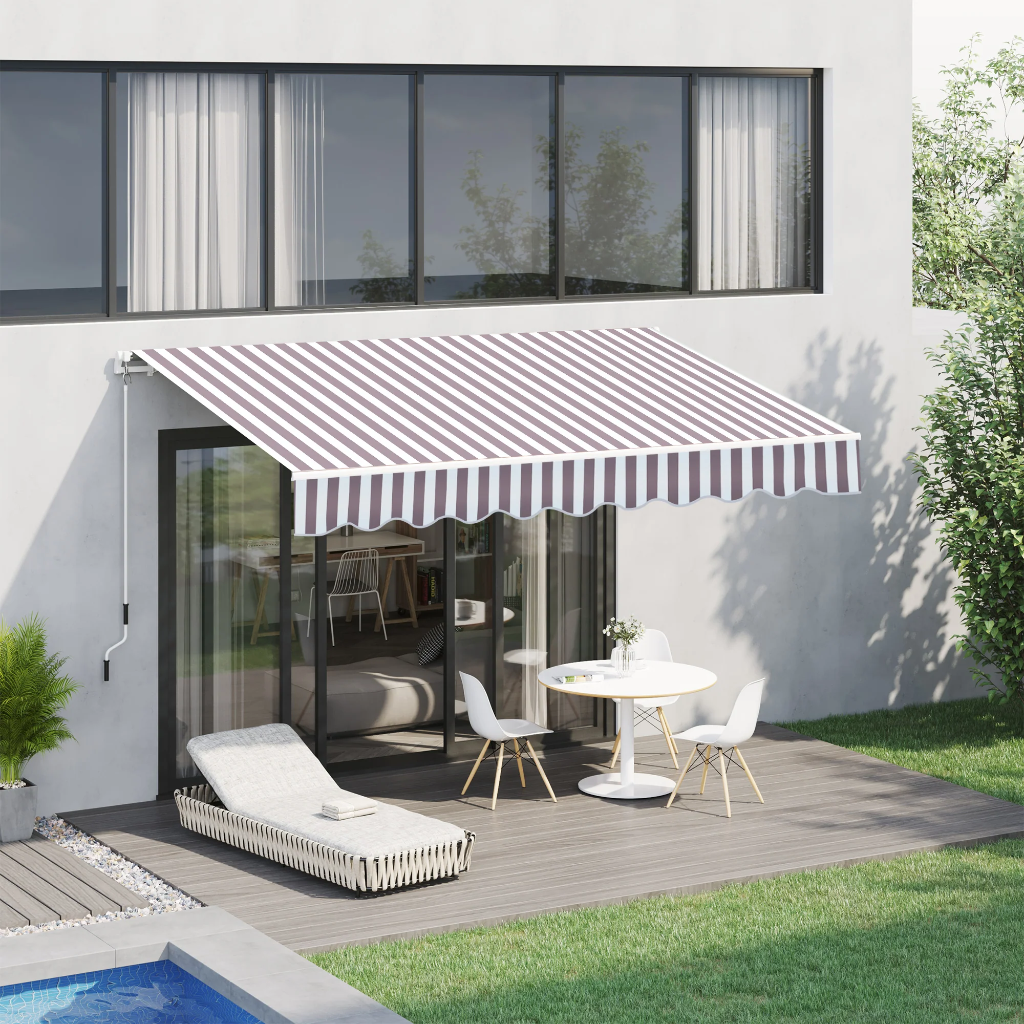 10' x 8' Retractable Patio Awning with UV/Water-Resistant Fabric, Manual Crank, Coffee Stripes - Image 3