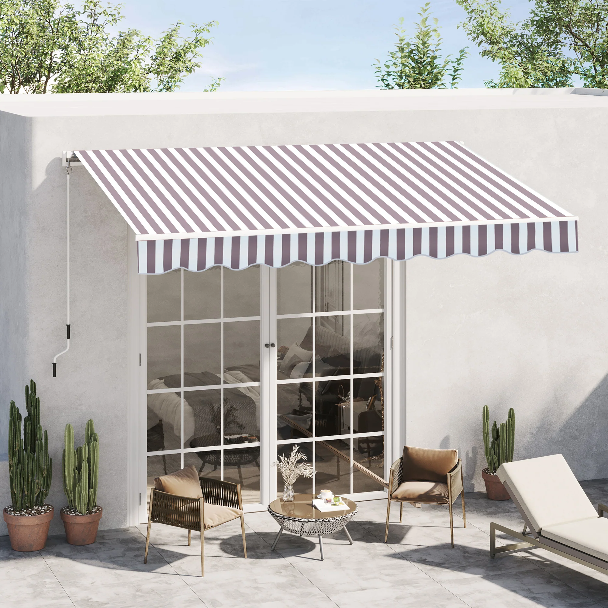 10' x 8' Retractable Patio Awning with UV/Water-Resistant Fabric, Manual Crank, Coffee Stripes - Image 4