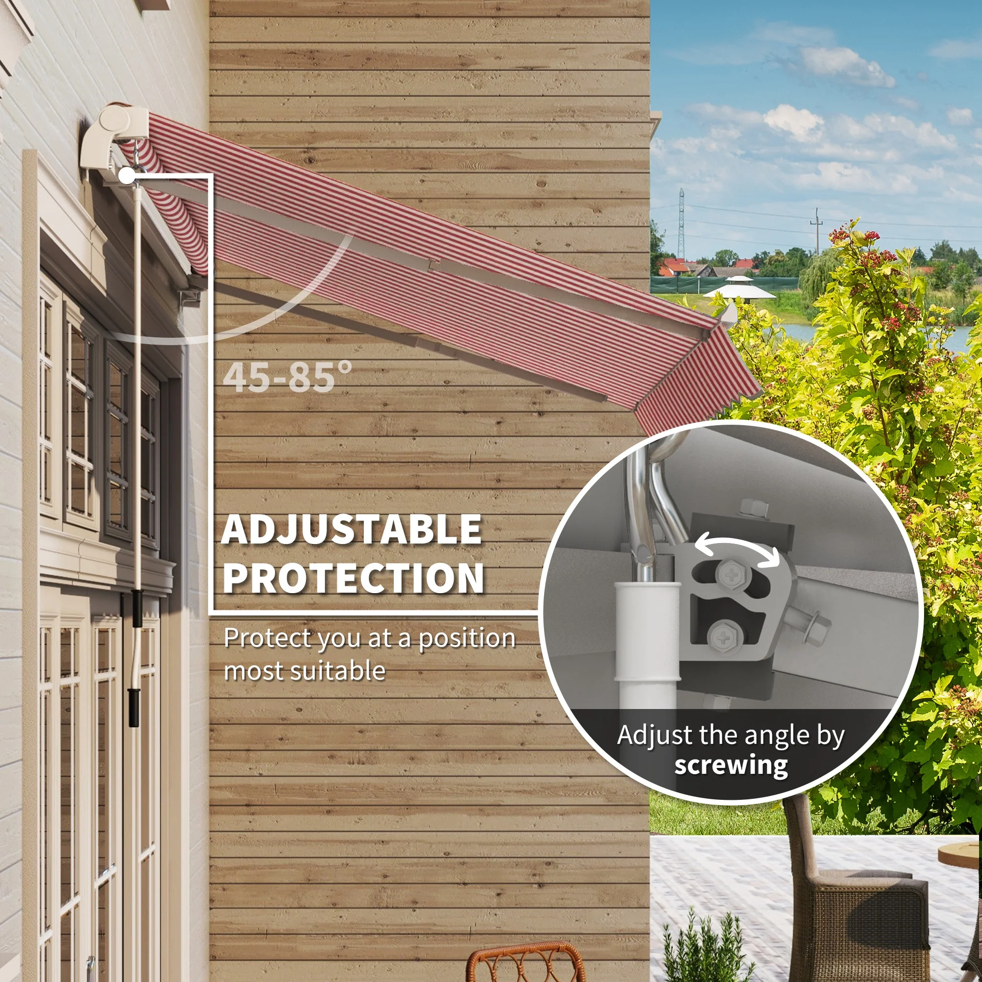 10' x 8' Retractable Awning with Manual Crank, UV/Water-Resistant Fabric, Wine Red Stripes - Image 6