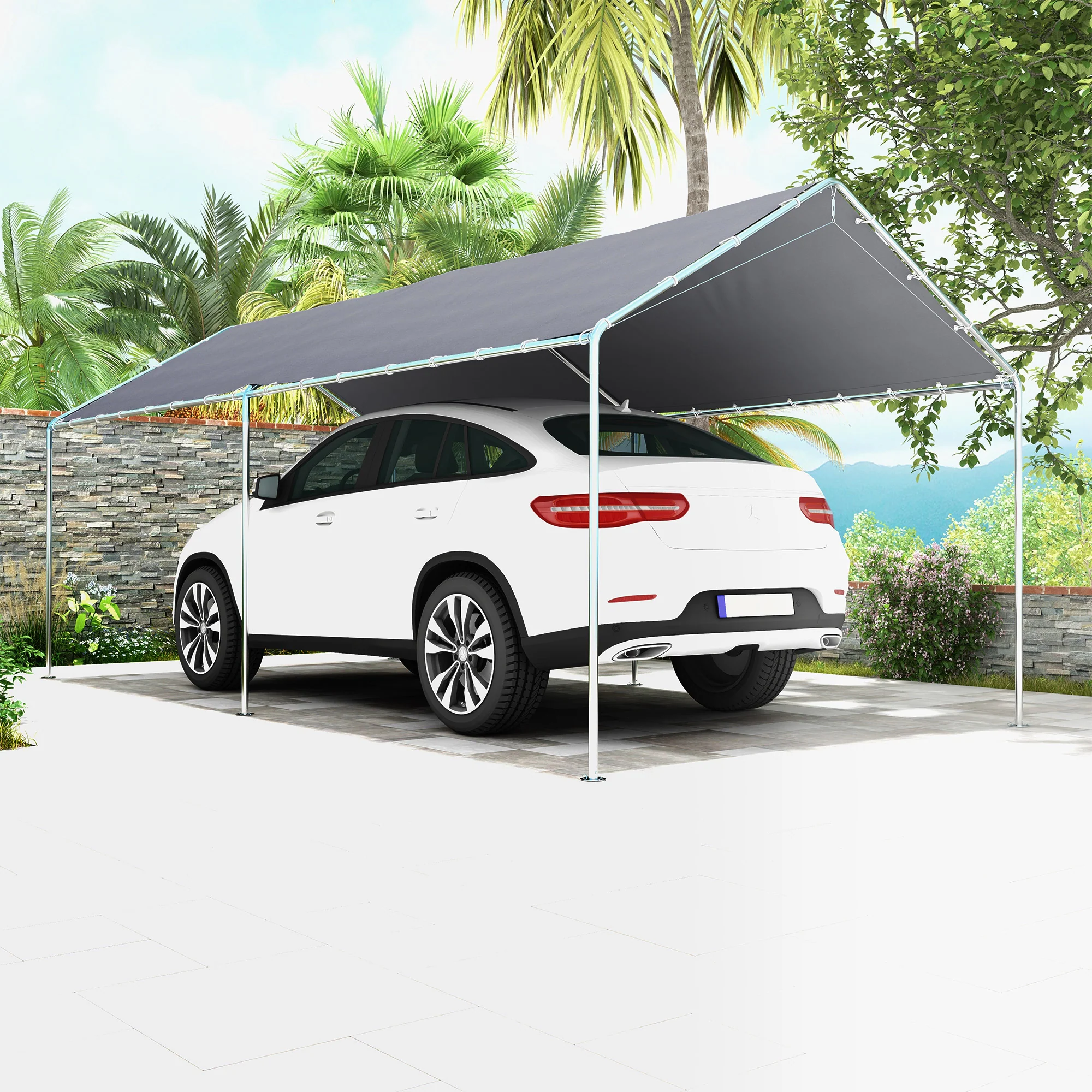 10' x 20' Heavy Duty Galvanized Steel Carport w/ Anchor Kit & 3 Reinforced Cables, Gray - Image 4