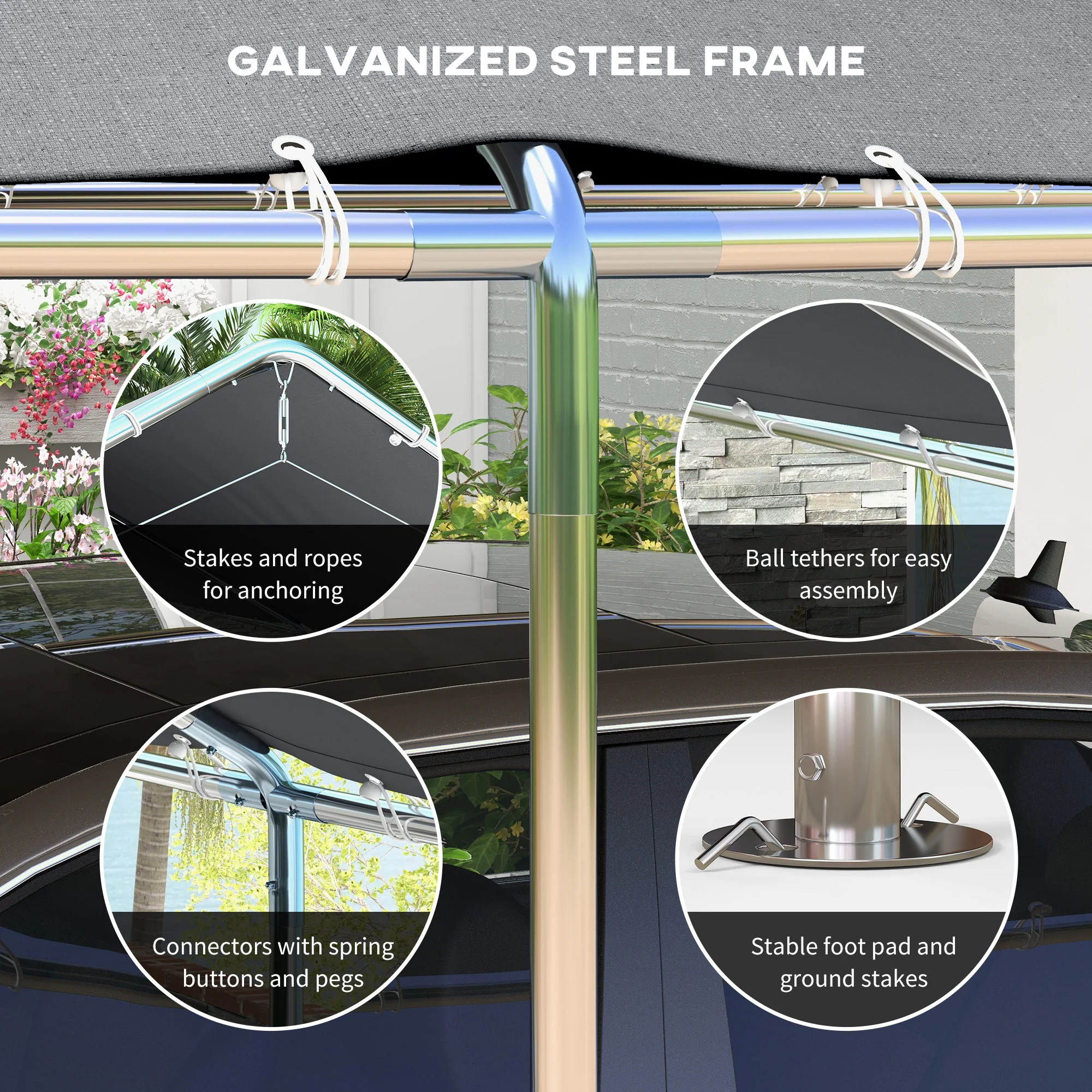10' x 20' Heavy Duty Galvanized Steel Carport w/ Anchor Kit & 3 Reinforced Cables, Gray - Image 7