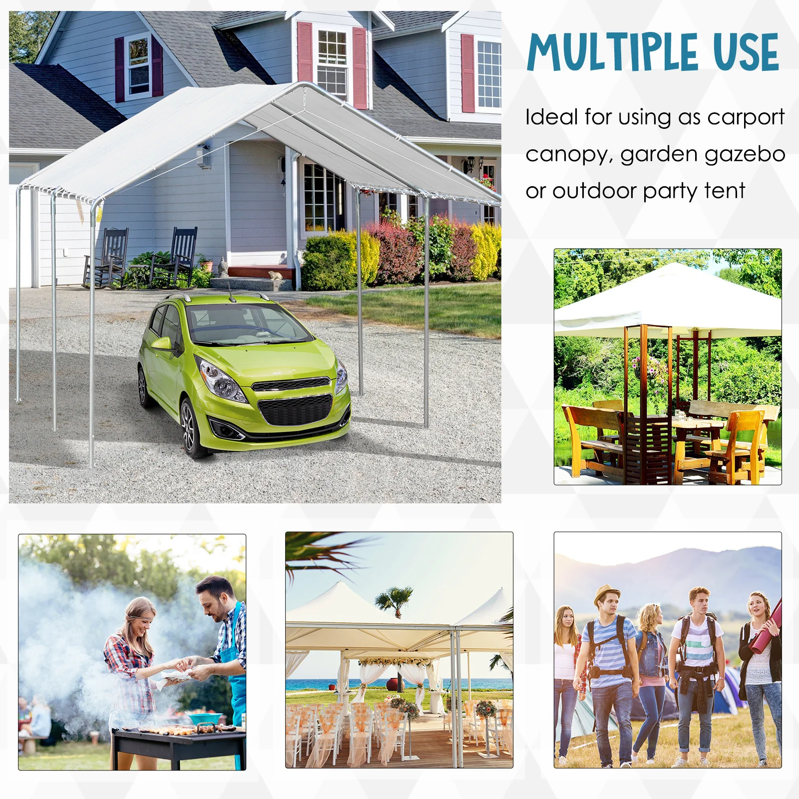 10' x 20' Car Canopy with Reinforced Steel Cables & Anchor Kit, White - Image 6