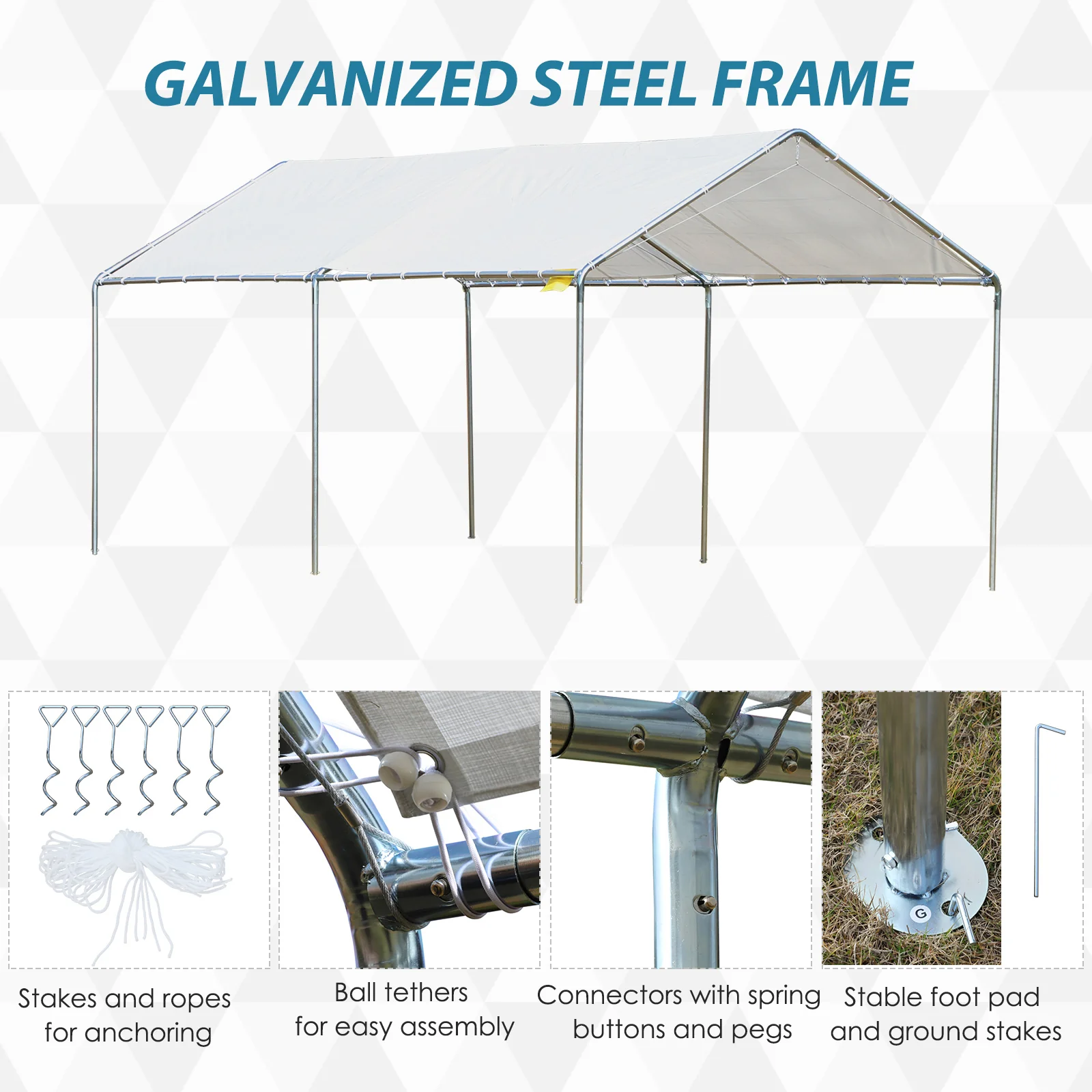 10' x 20' Car Canopy with Reinforced Steel Cables & Anchor Kit, White - Image 7
