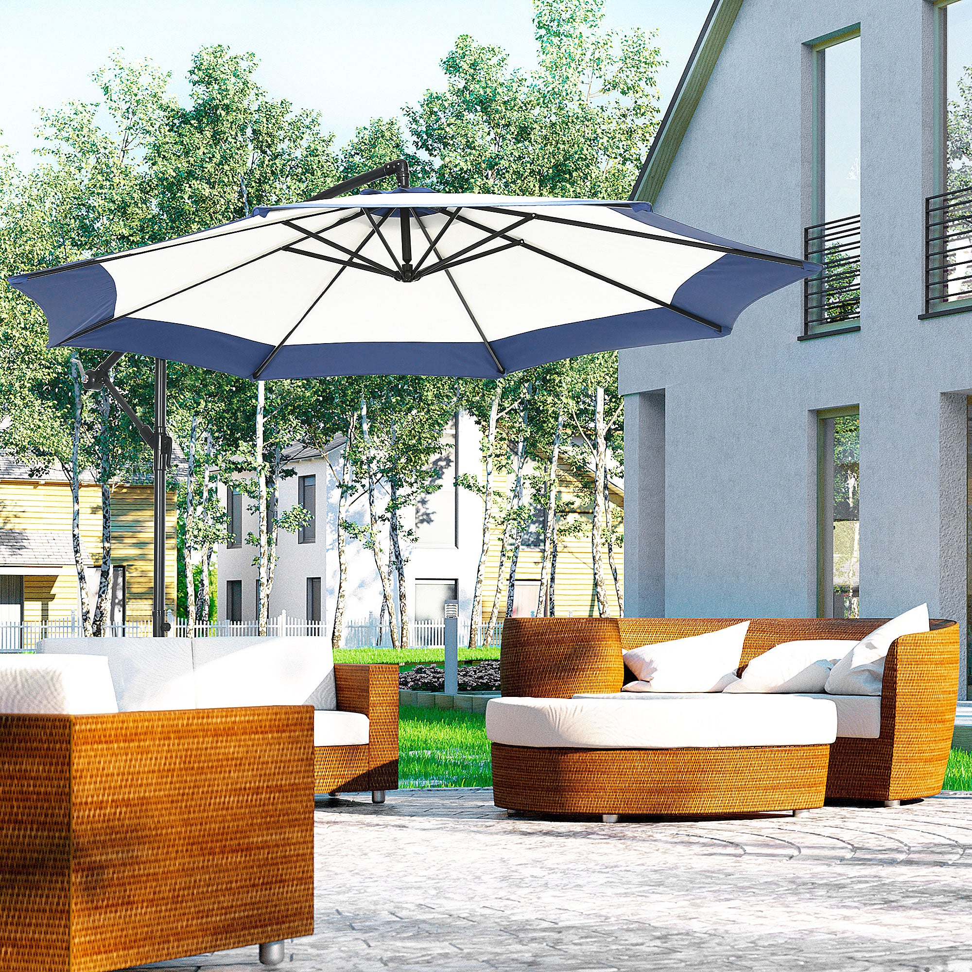 10FT Offset Patio Umbrella with Crank & Cross Base, Navy Blue - Image 3