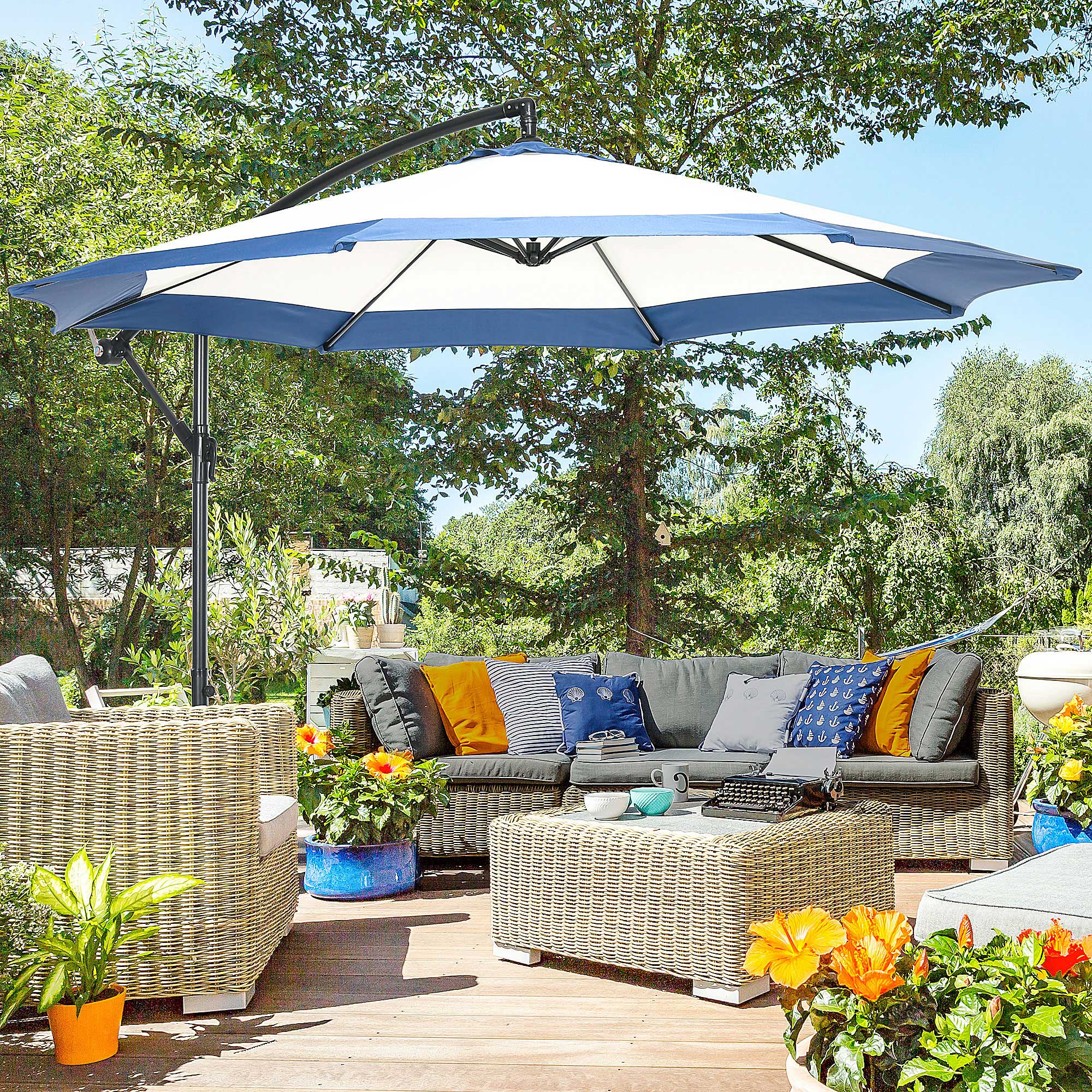 10FT Offset Patio Umbrella with Crank & Cross Base, Navy Blue - Image 4