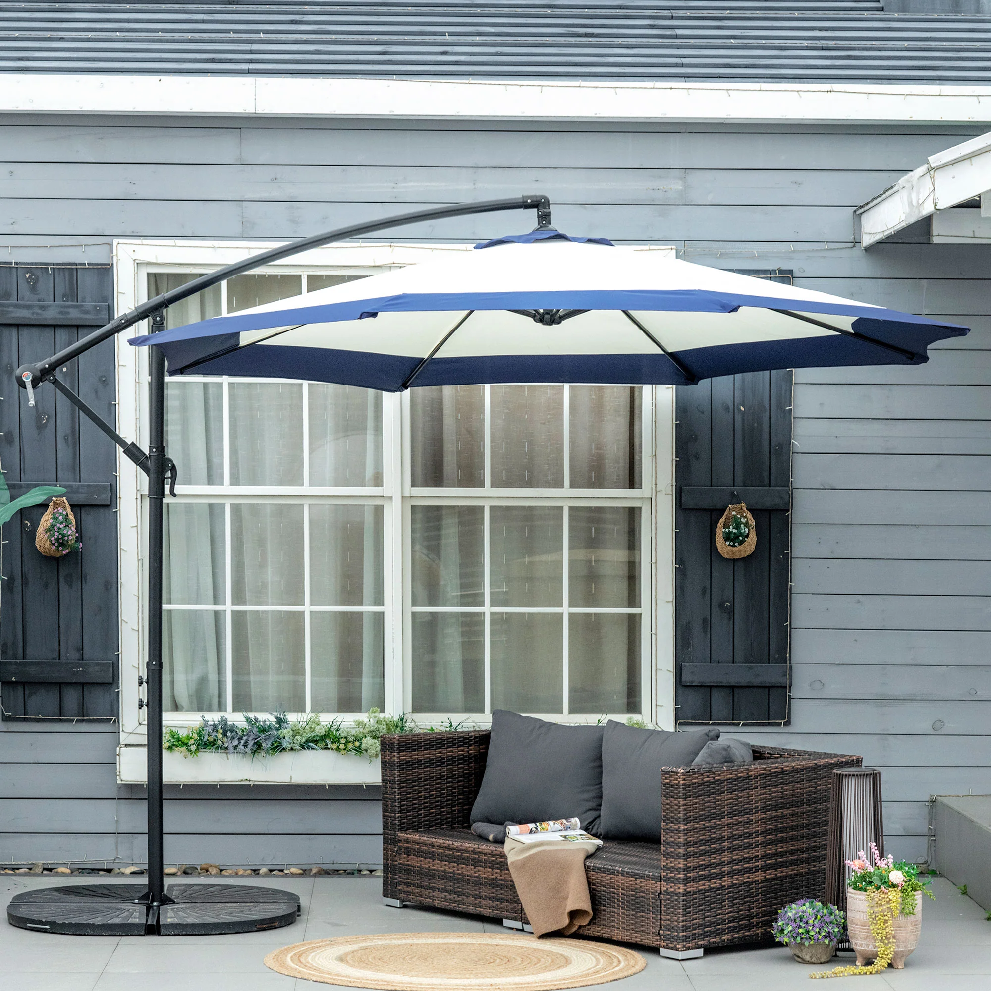 10FT Offset Patio Umbrella with Crank & Cross Base, Navy Blue - Image 9